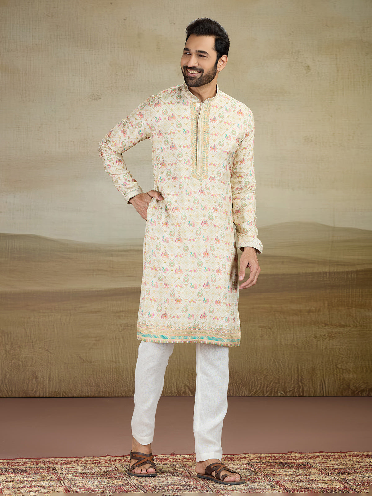 Cream printed kurta pajama set with zari work