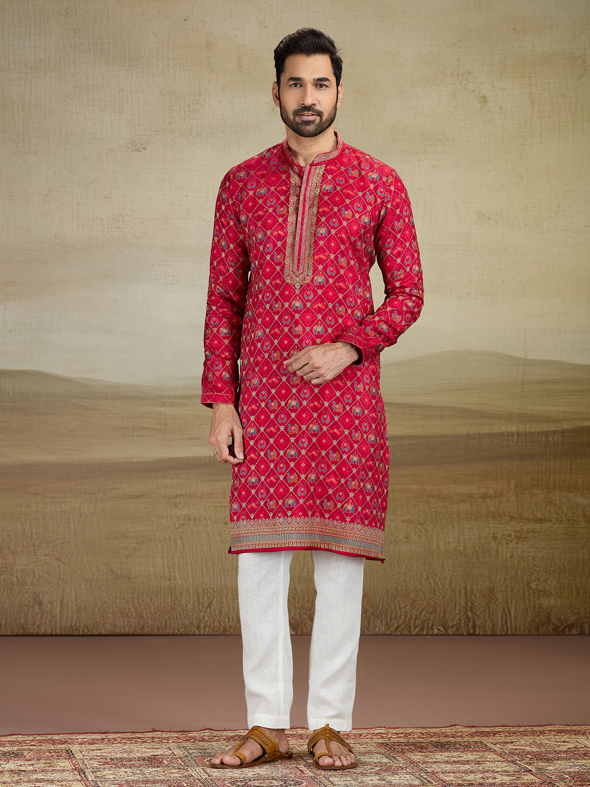 Deep red zari worked kurta suit in viscose slk