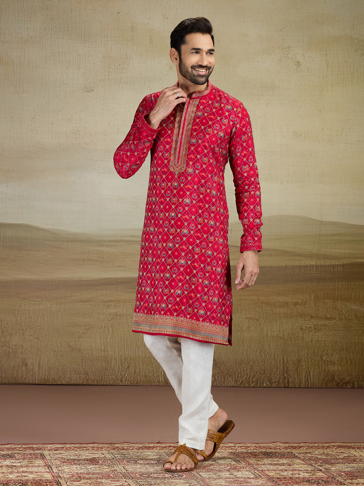 Deep red zari worked kurta suit in viscose slk