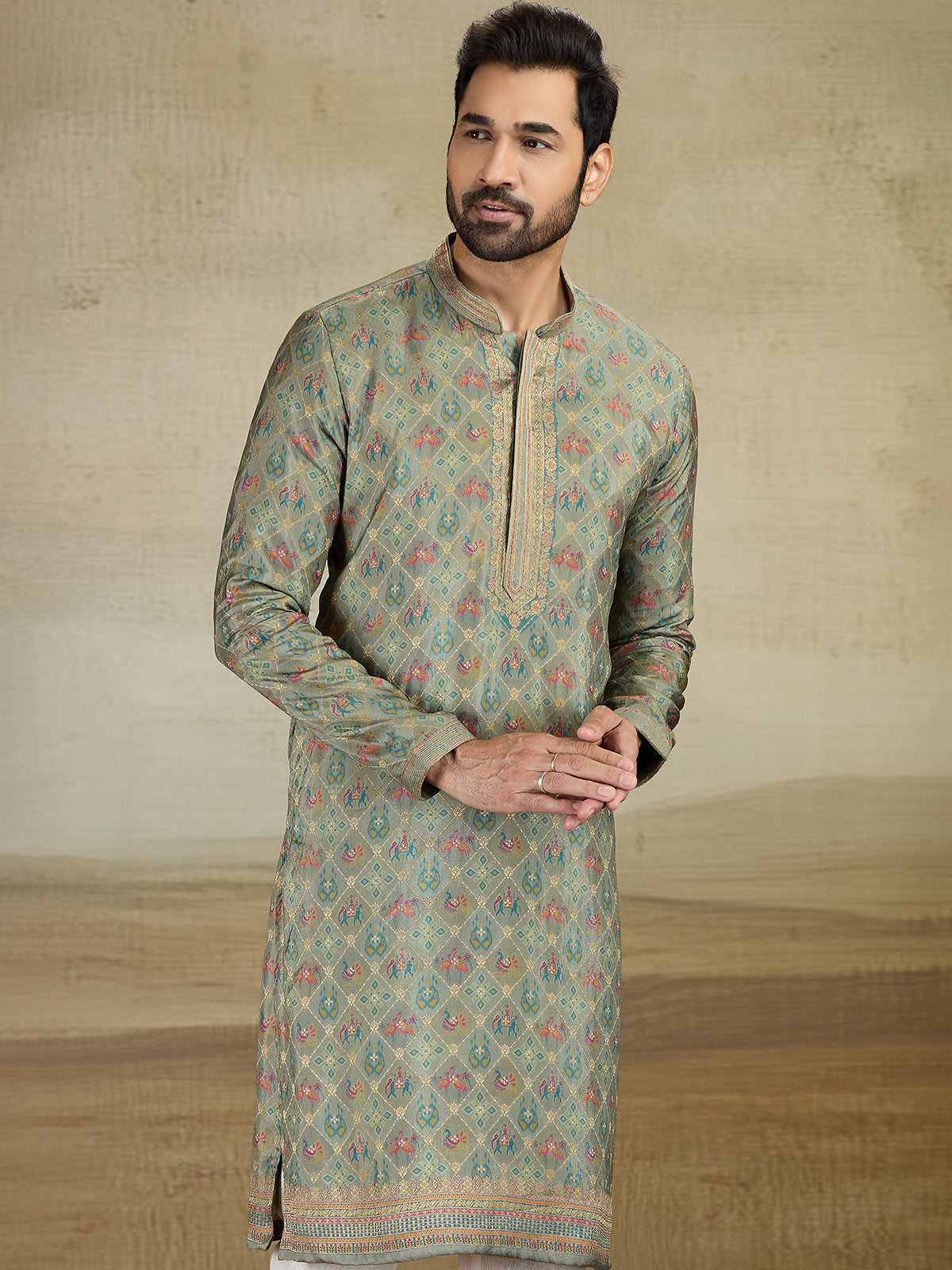 Olive printed viscose silk kurta suit for men