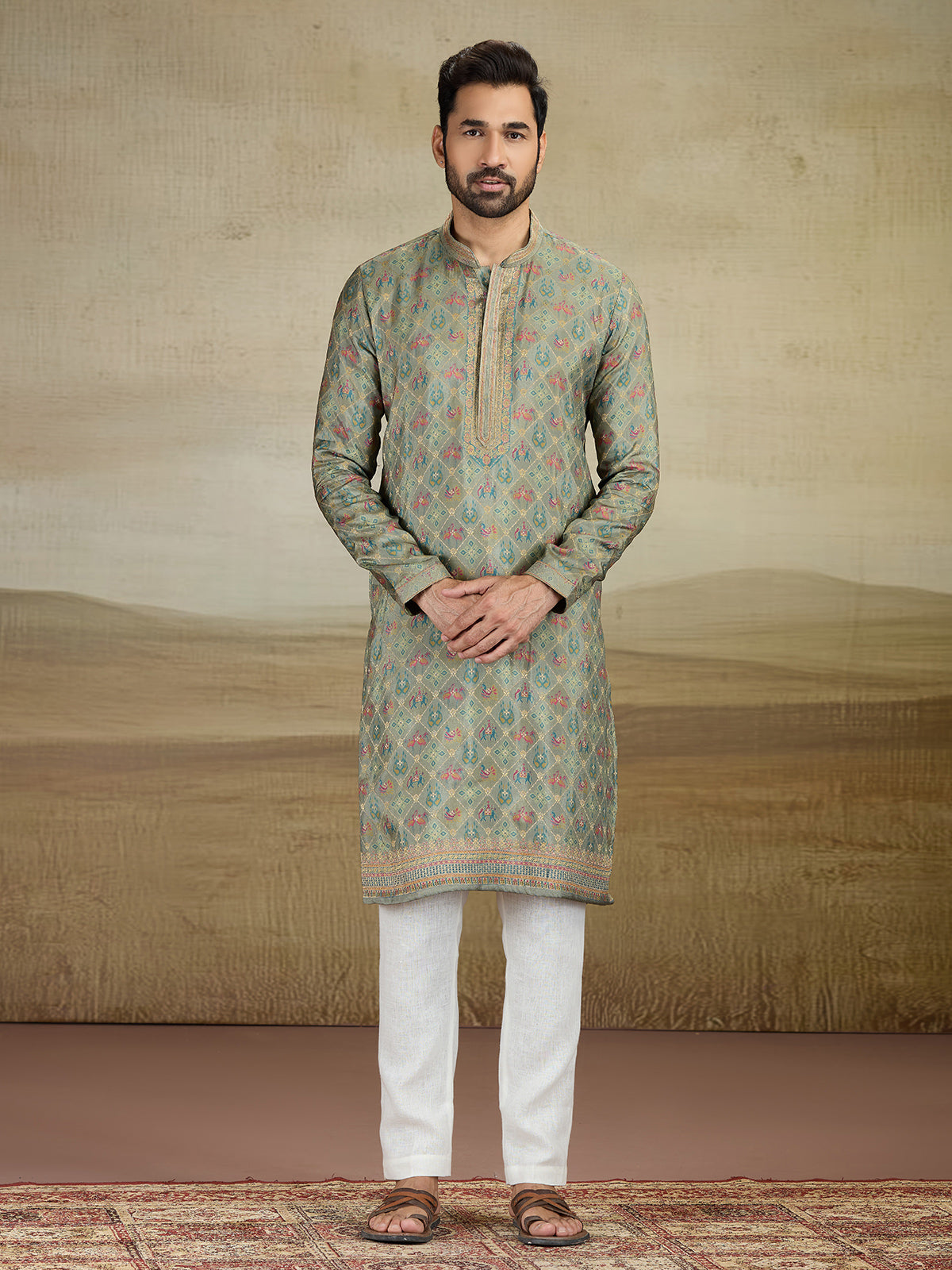 Olive printed viscose silk kurta suit for men