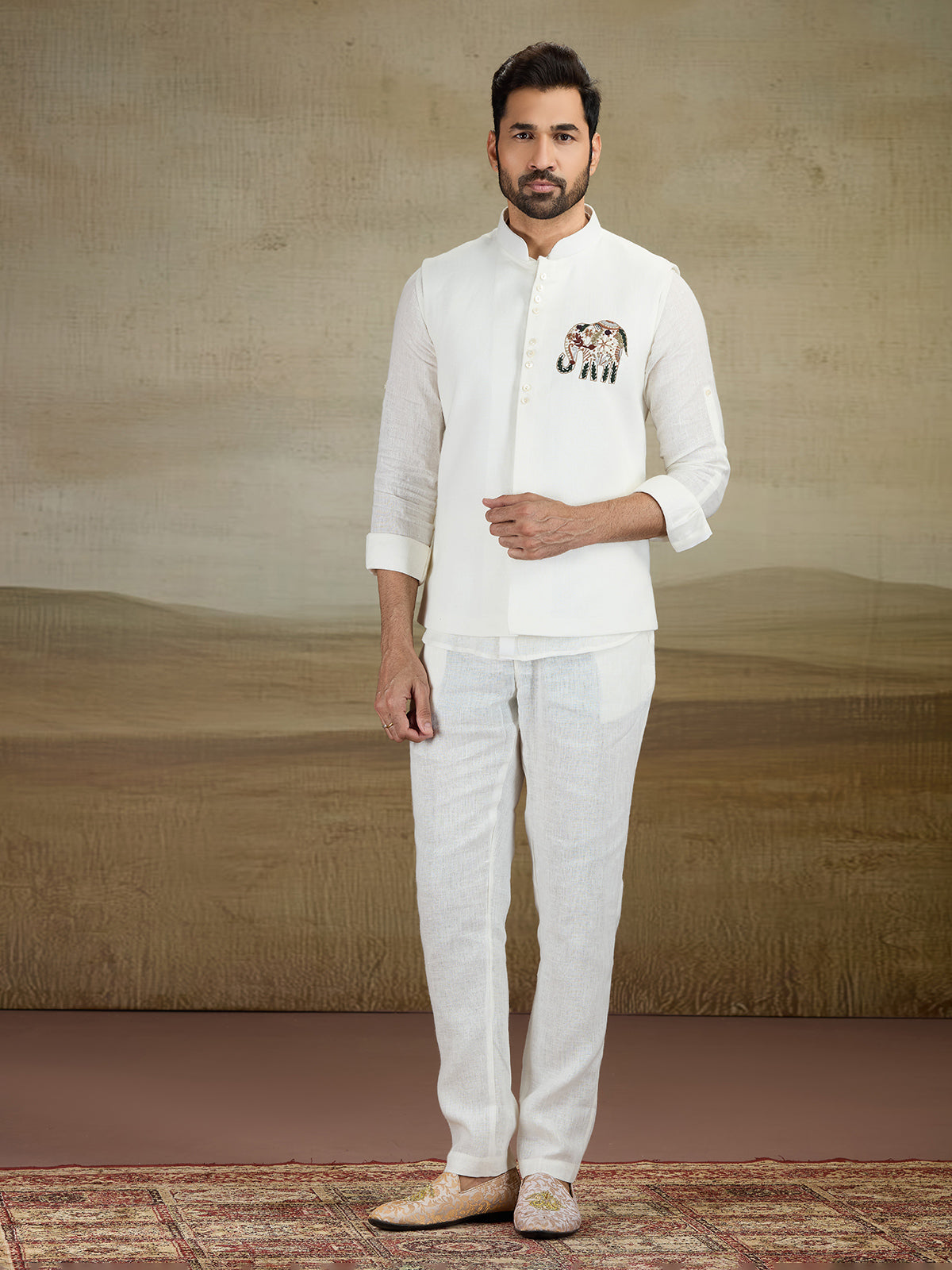 Off white linen waistcoat set for festive grace
