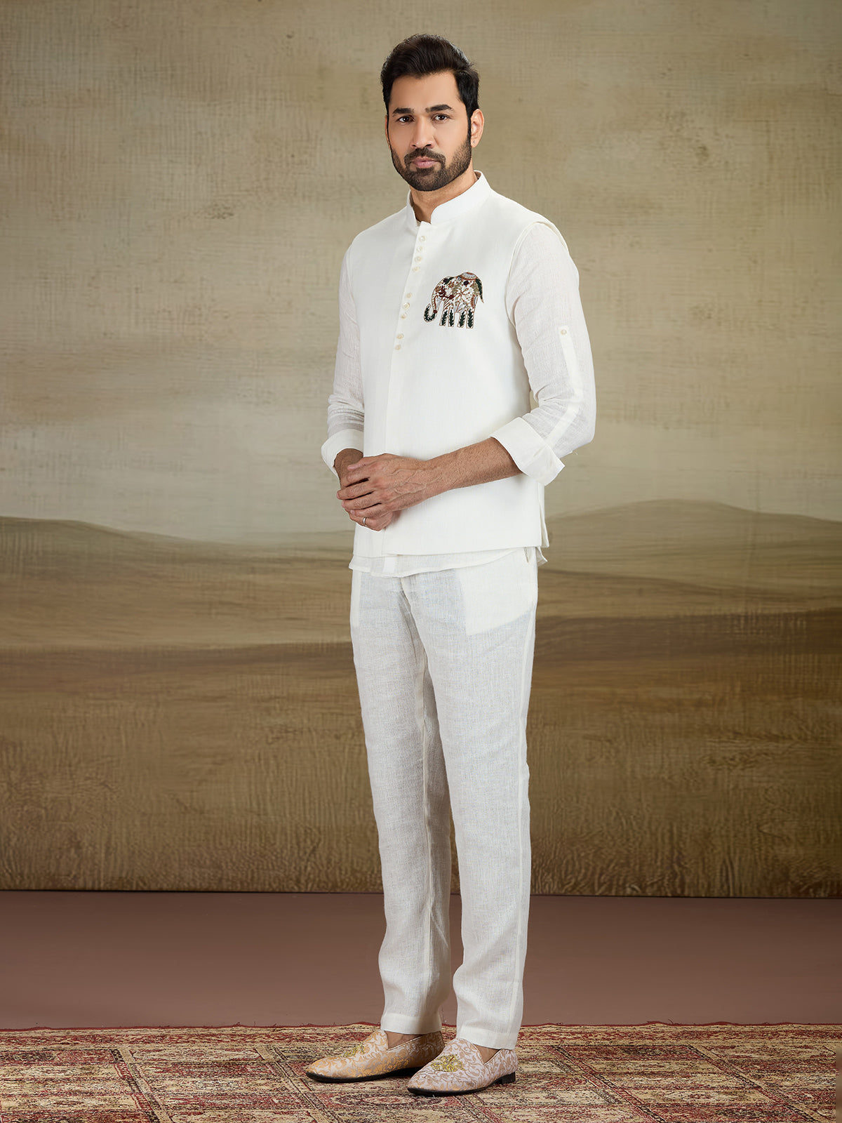 Off white linen waistcoat set for festive grace