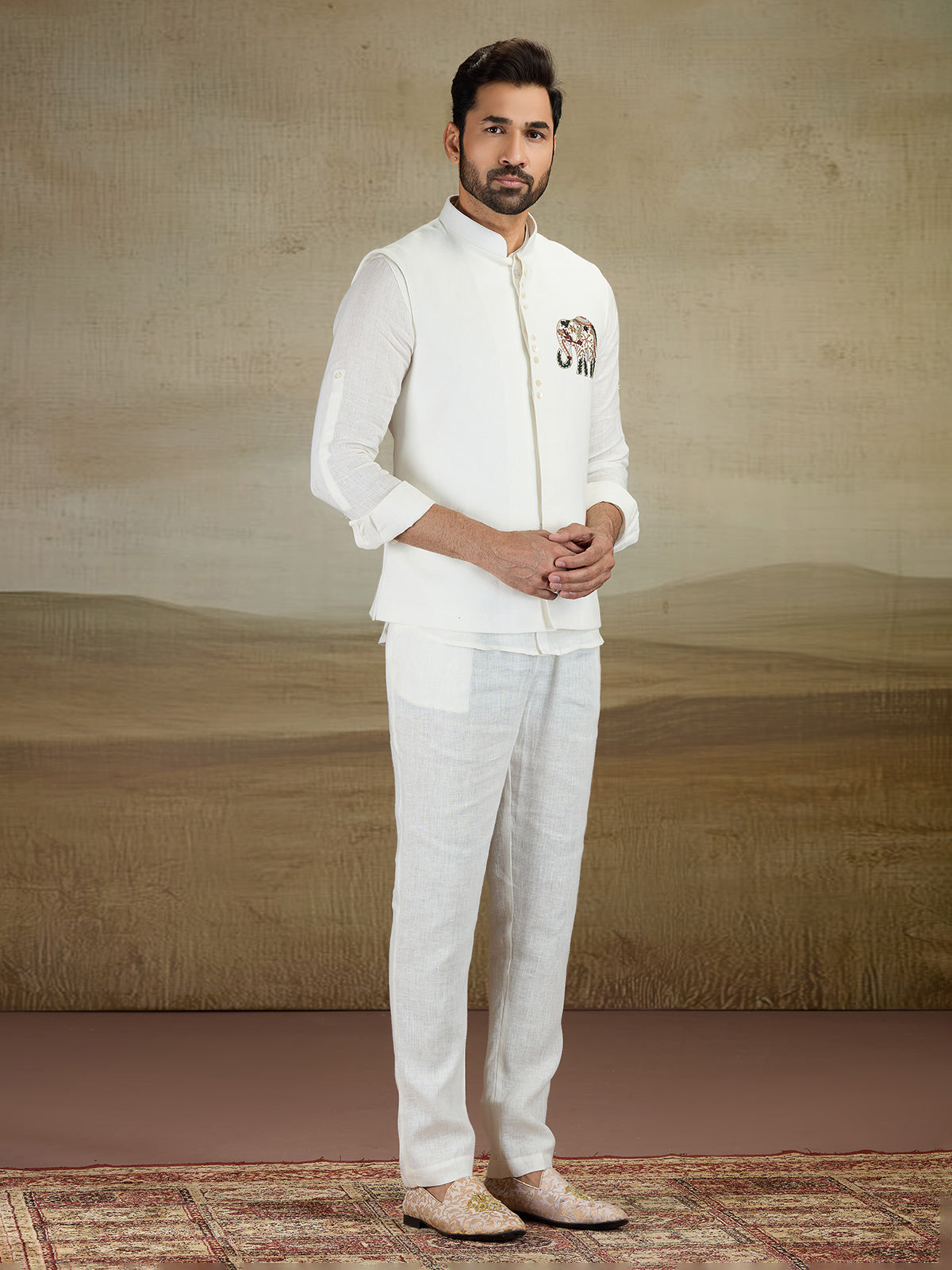 Off white linen waistcoat set for festive grace