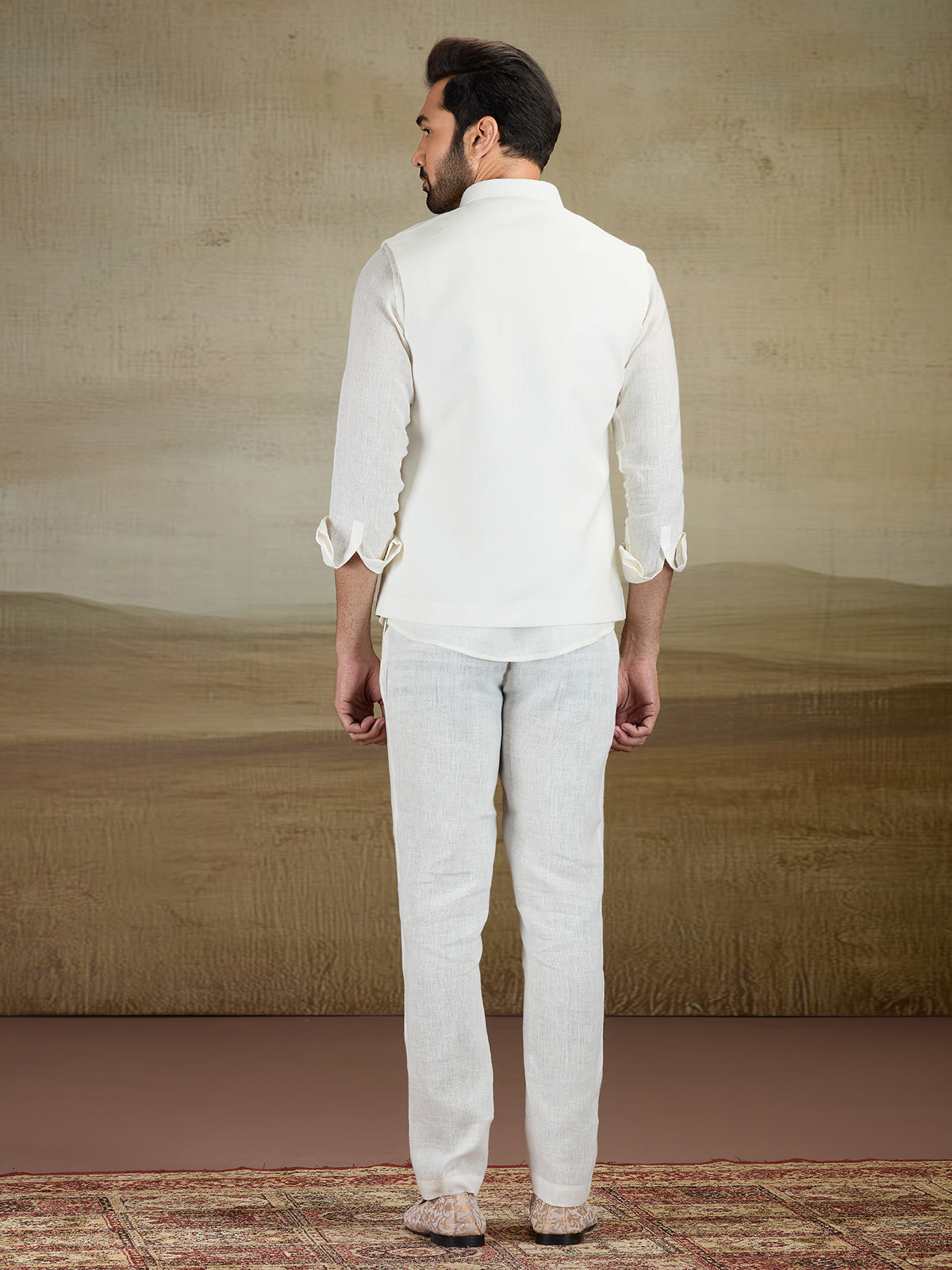 Off white linen waistcoat set for festive grace