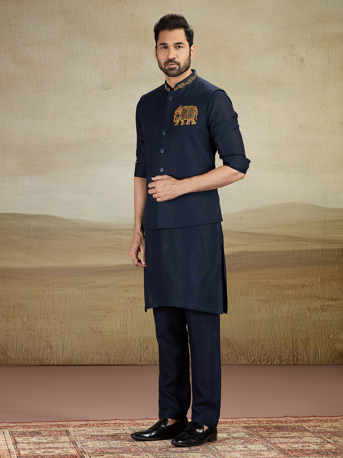 Navy linen waistcoat set with embroidery work