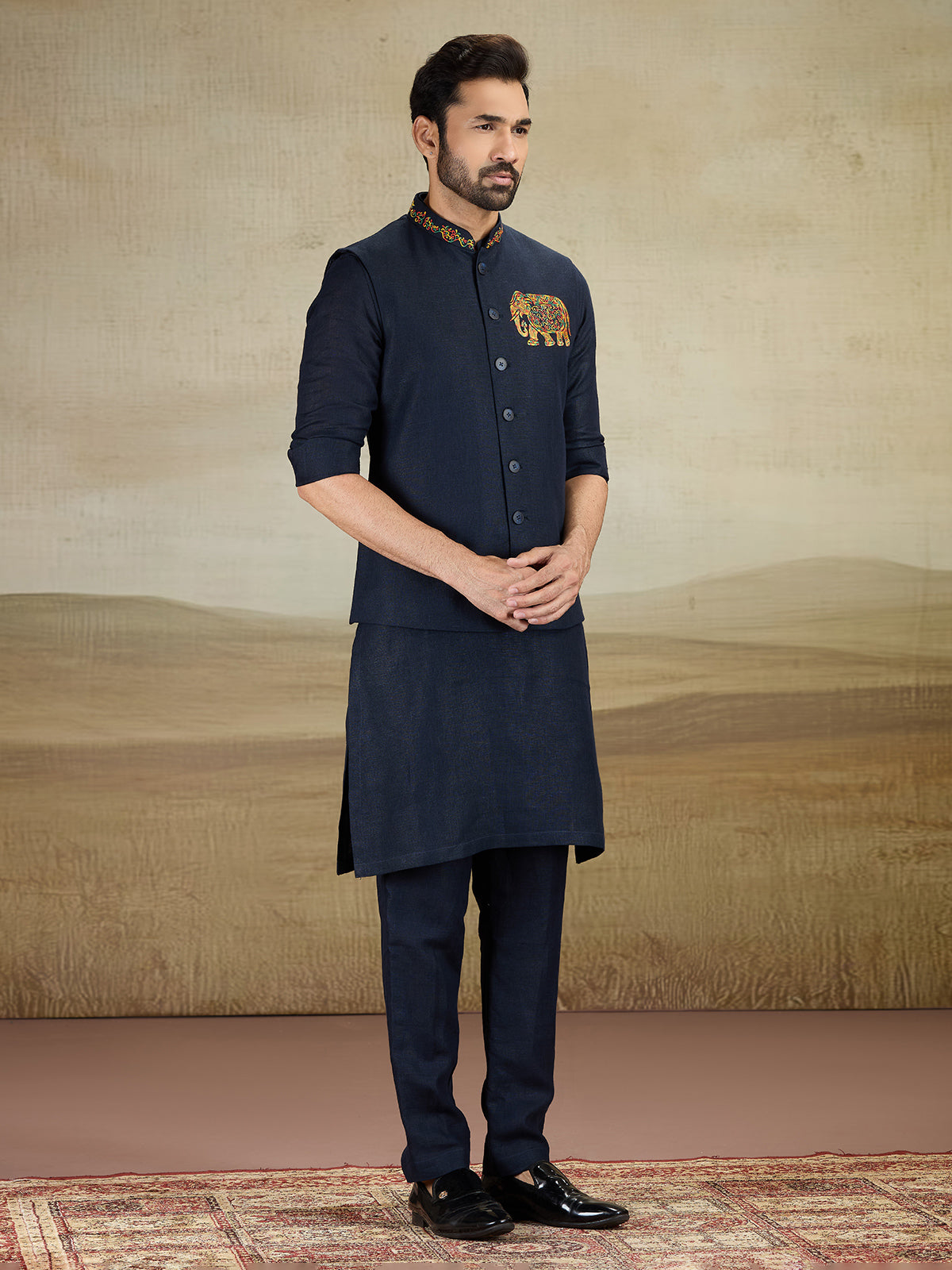 Navy linen waistcoat set with embroidery work