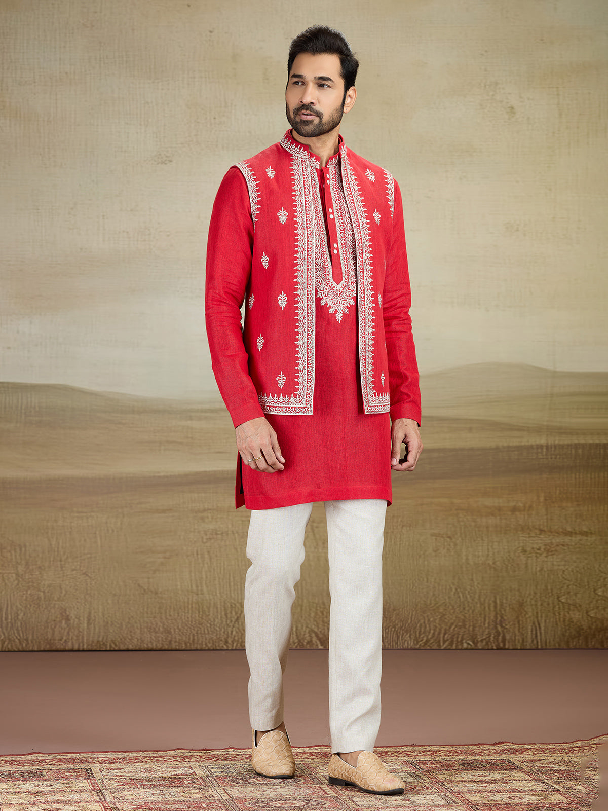 Red linen waistcoat set for wedding