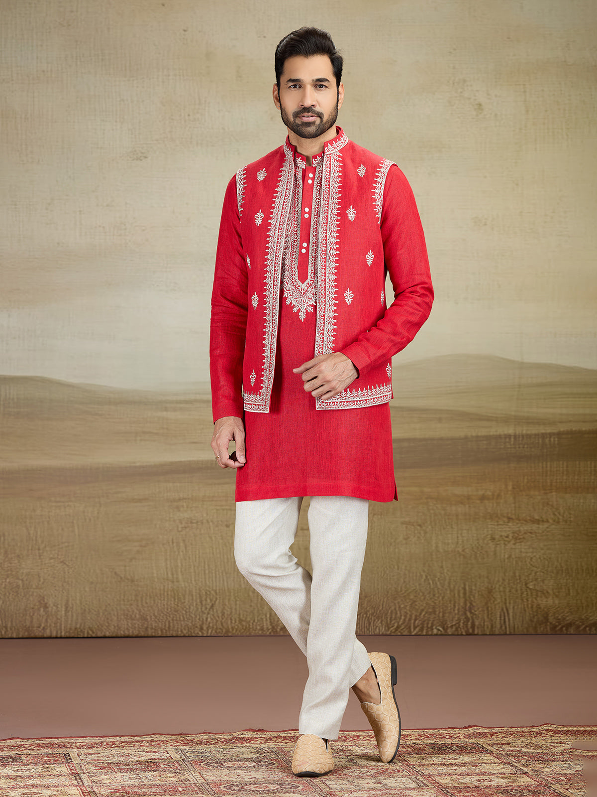 Red linen waistcoat set for wedding