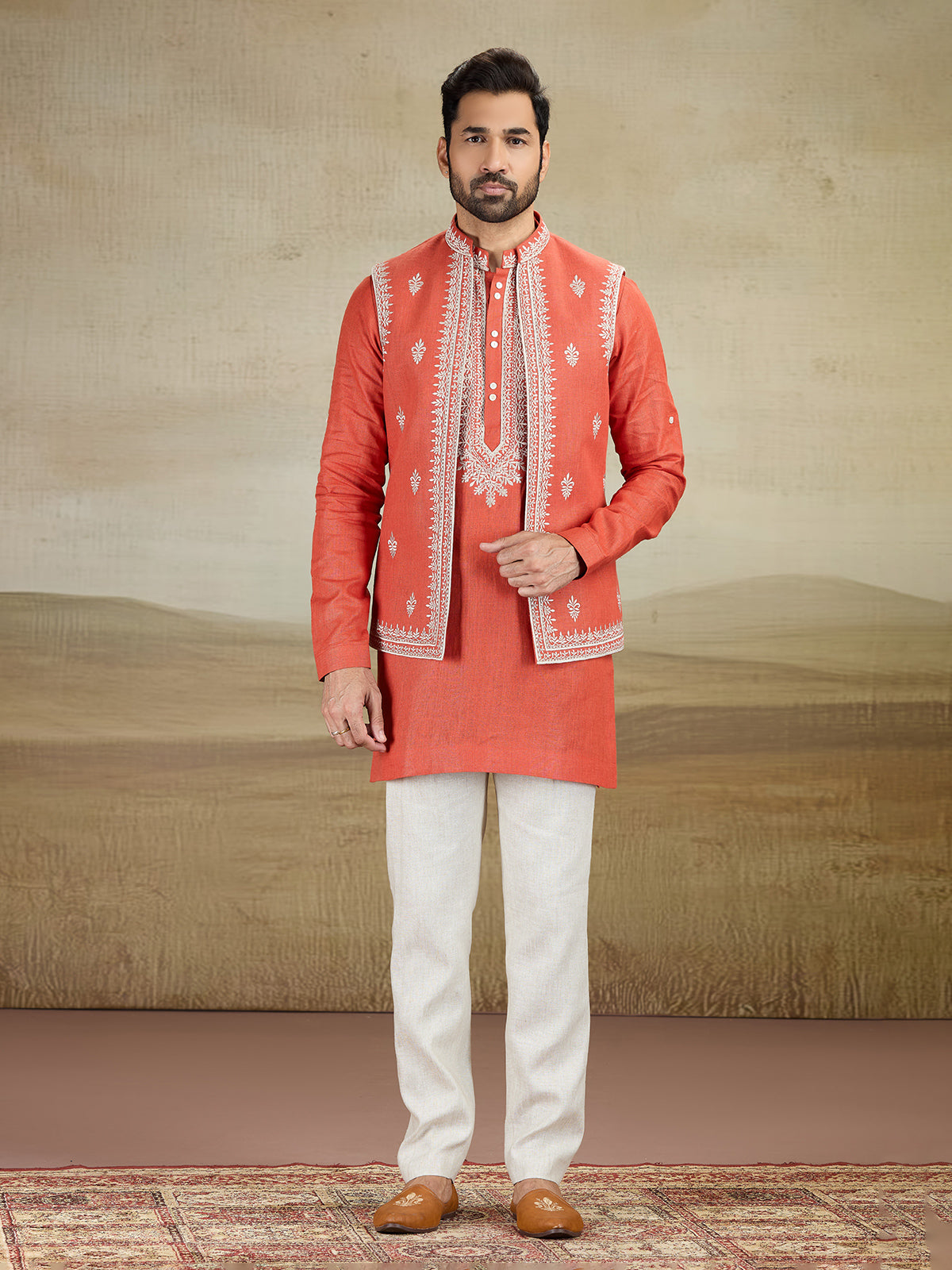 Rust orange linen waistcoat set with embroidery
