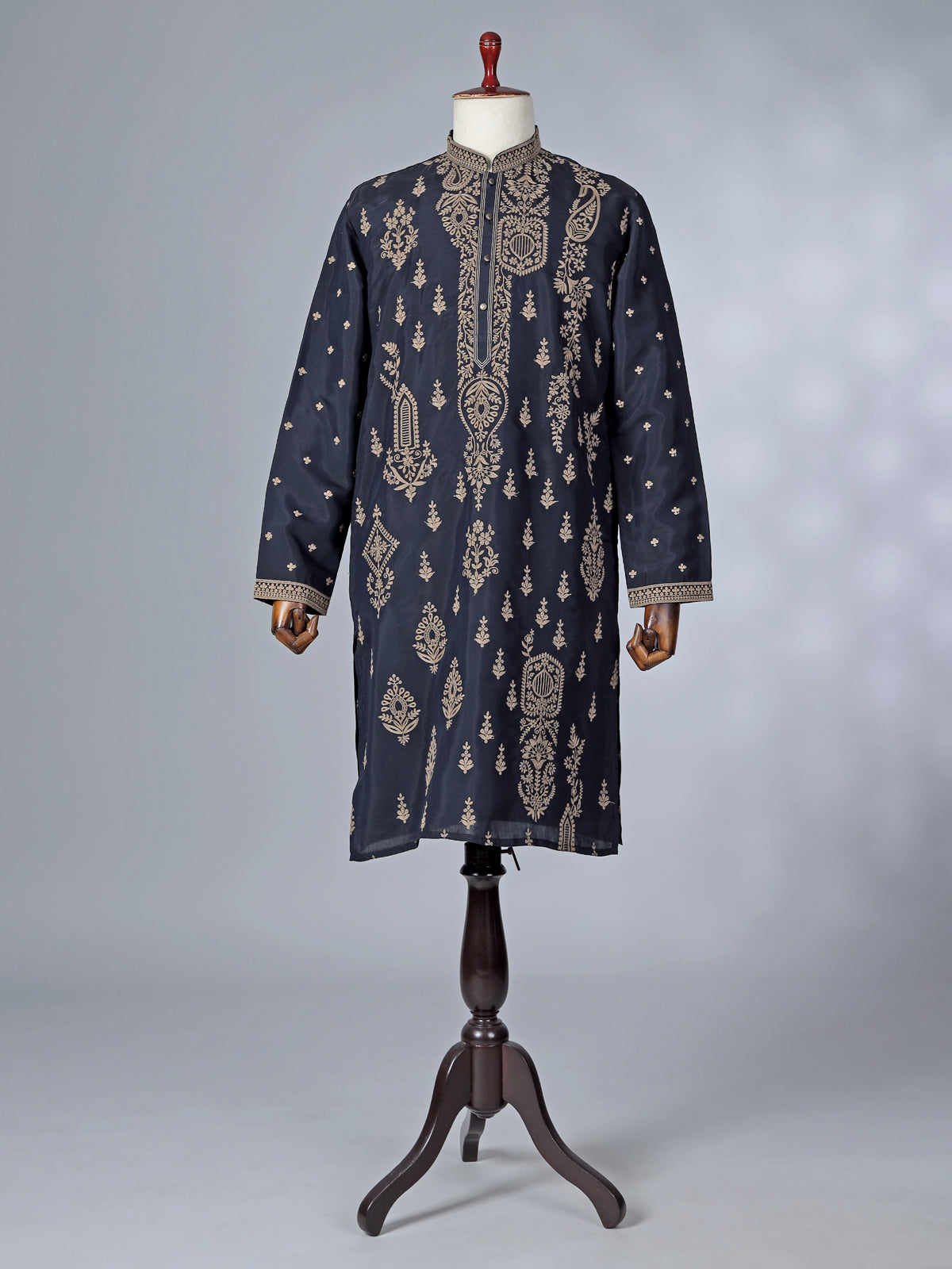 Navy blue silk kurta suit with thread detaling