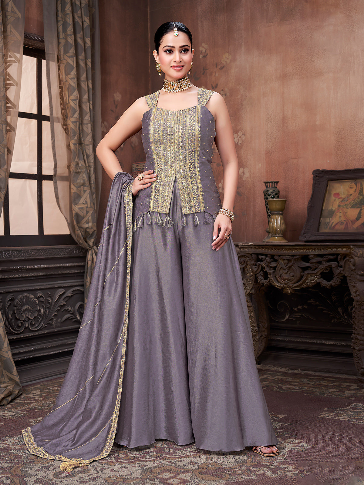 Dusty purple slk palazzo suit with sangeet vibe
