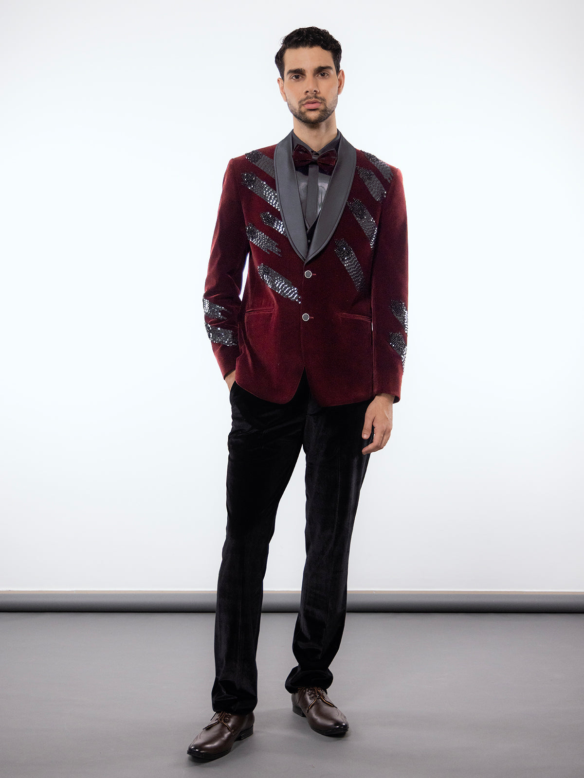 Maroon reception wear velvet coat suit in shawl lapel collar