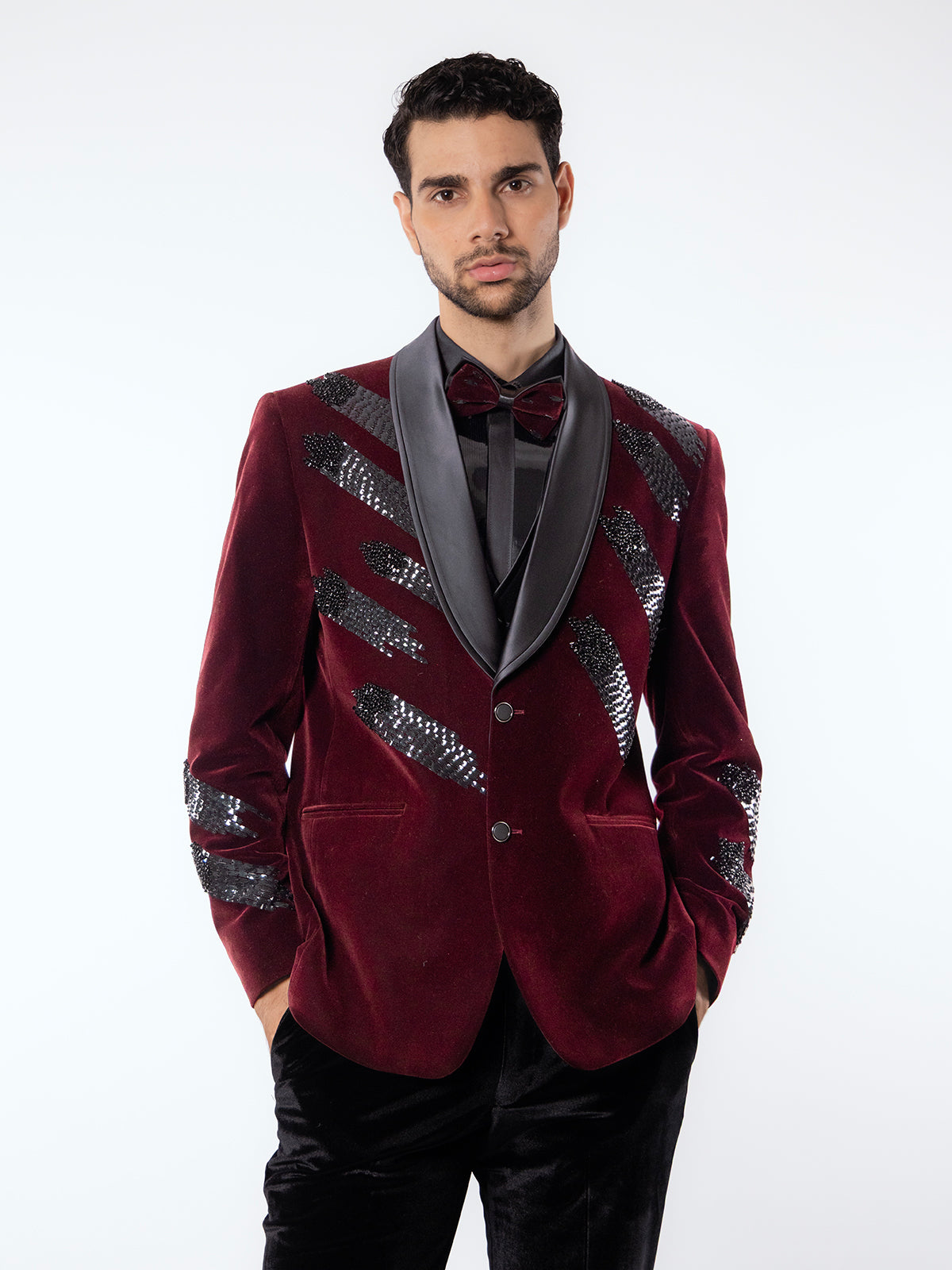 Maroon reception wear velvet coat suit in shawl lapel collar