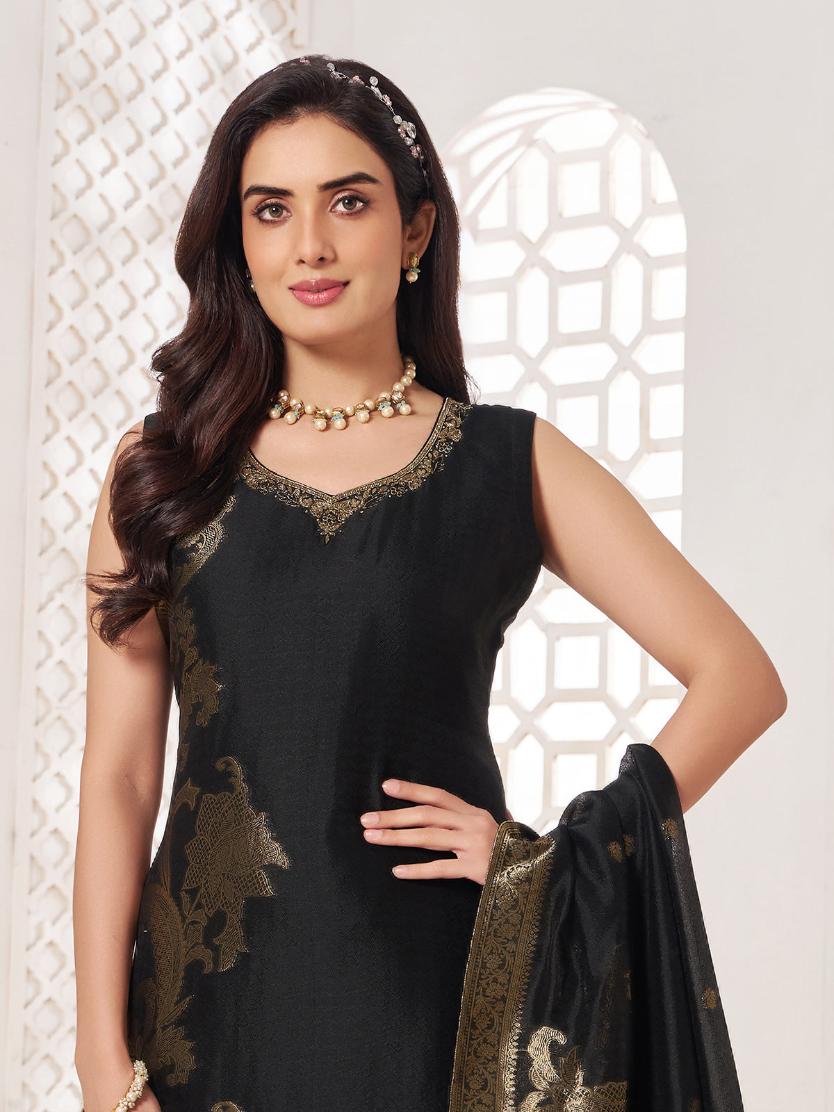 Black slk salwar suit with zari shine