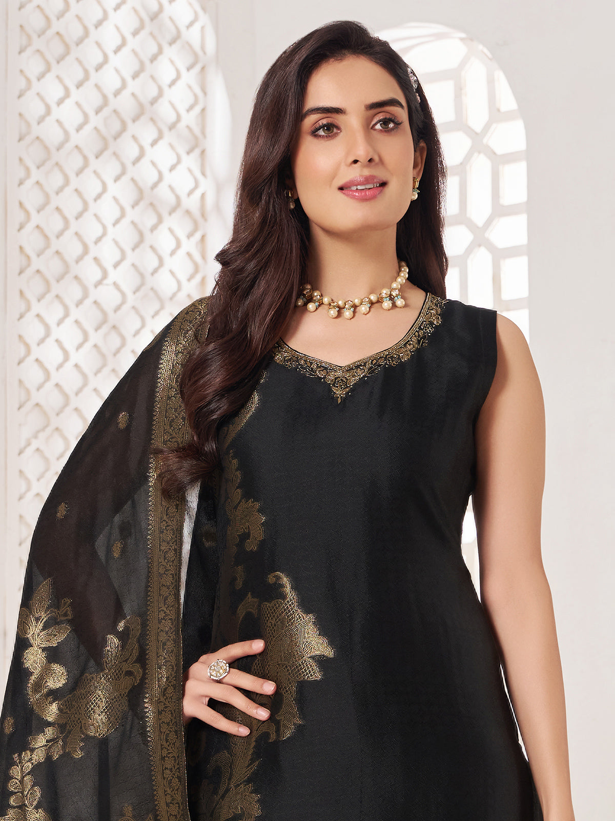 Black slk salwar suit with zari shine