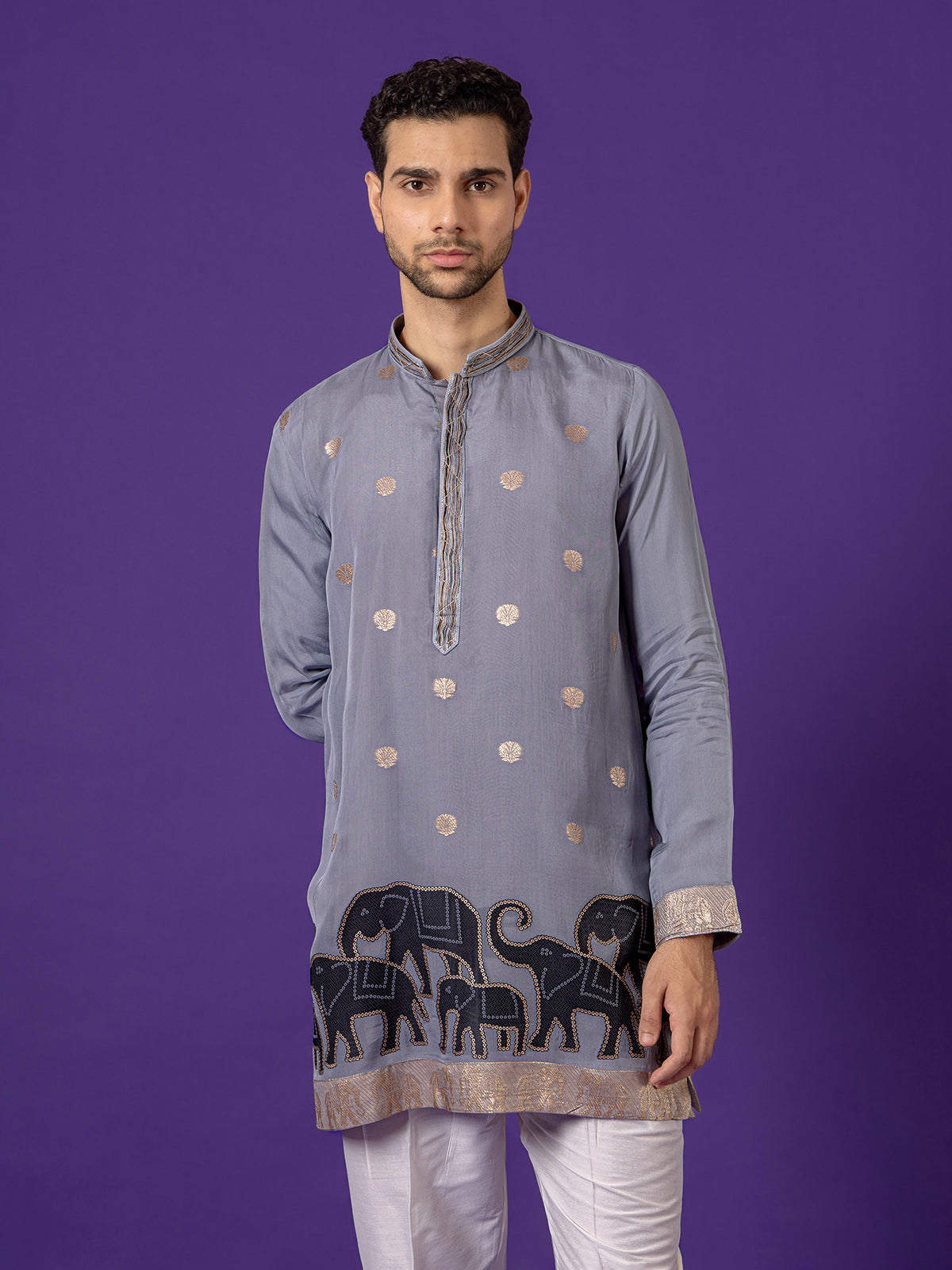 Grey festive wear cotton silk salwar suti