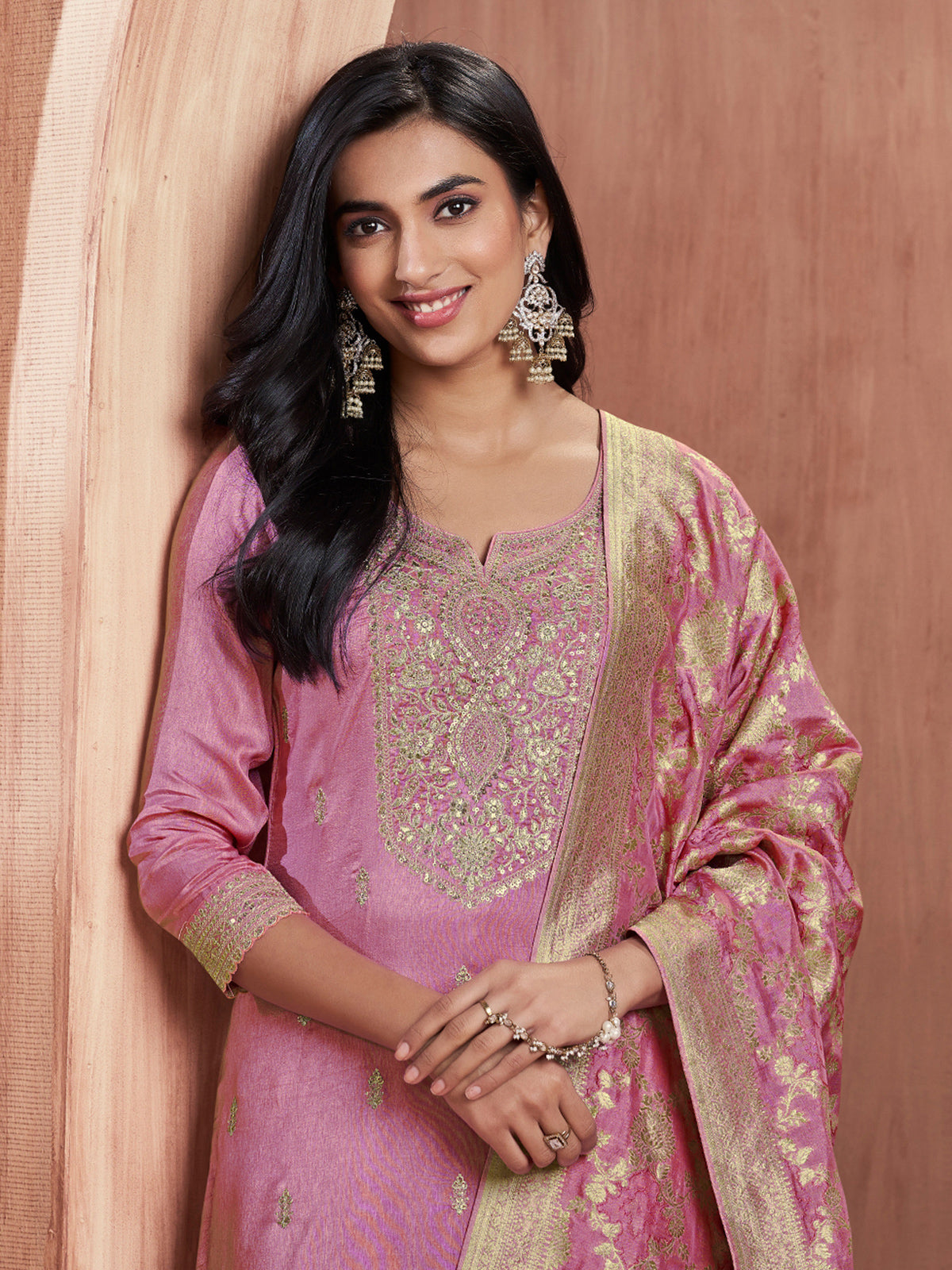 Light pink zari worked silk kurti set