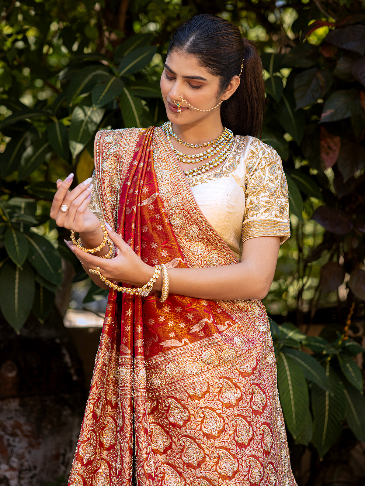 Rust Red wedding wear silk saree with rich embellishment