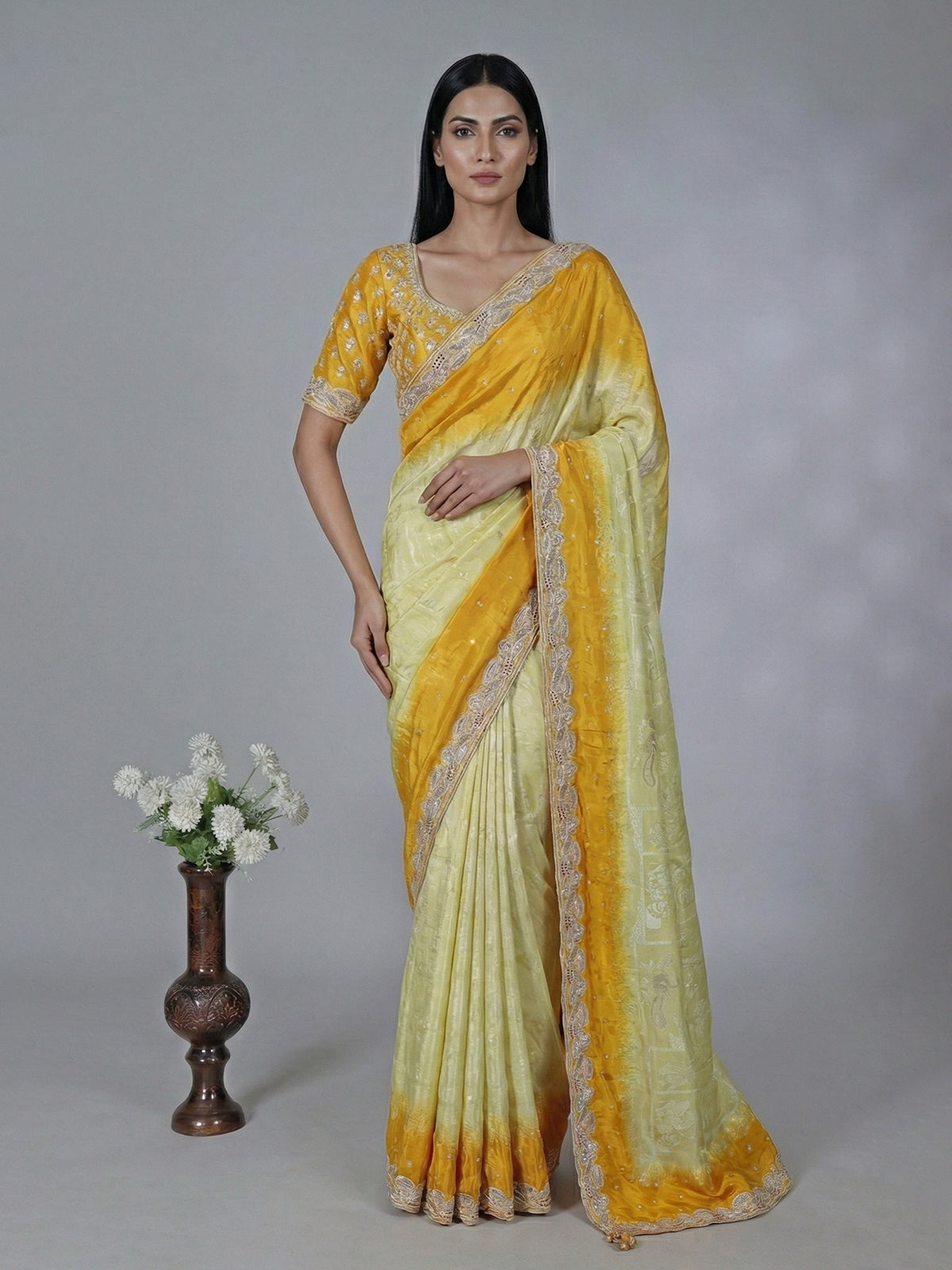 Yellow chinya silk shaded saree for wedding
