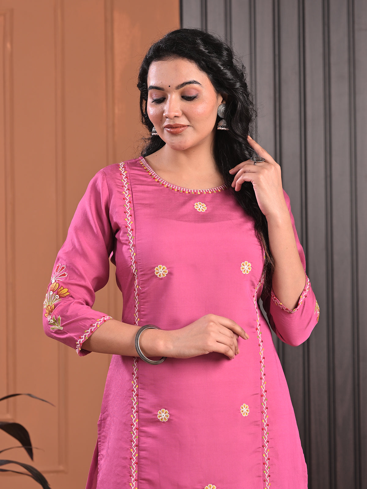 Pink cotton silk aabla embroidered threadwork kurti