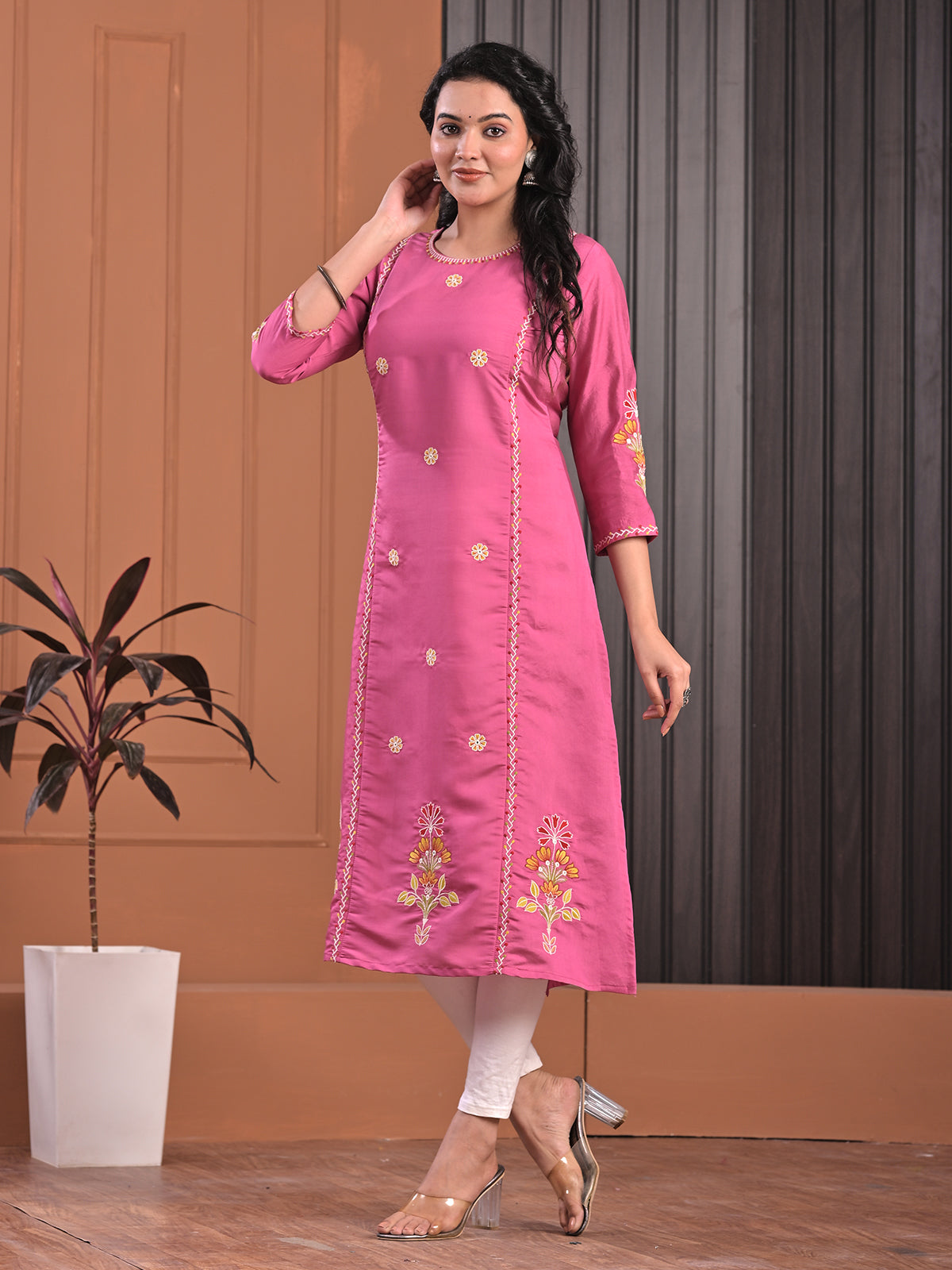 Pink cotton silk aabla embroidered threadwork kurti