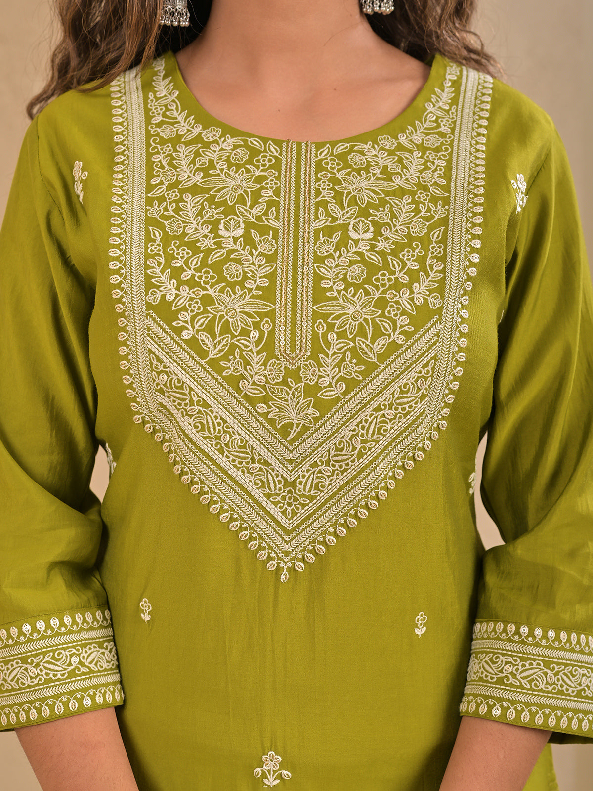 Mehndi green cotton silk sequins embroidered kurti