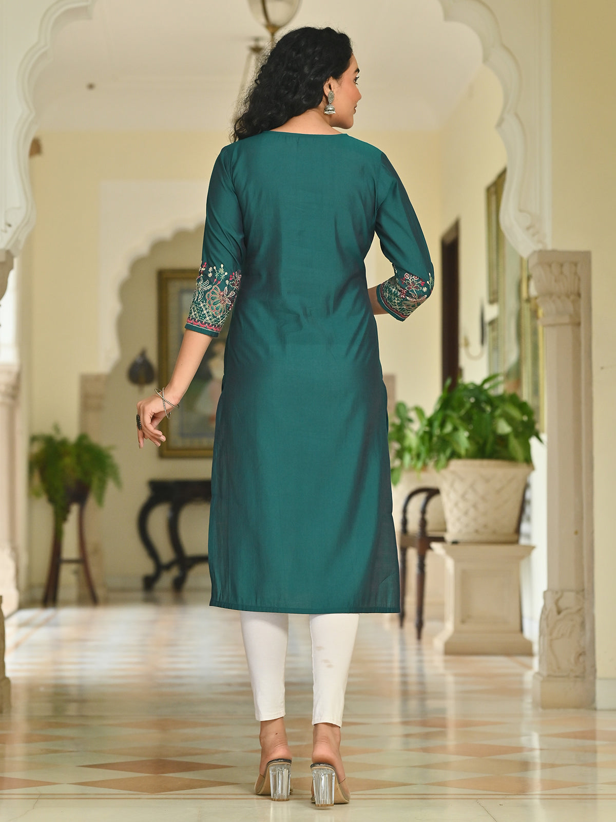 Bottle green cotton silk embroidered sequins and beads kurti