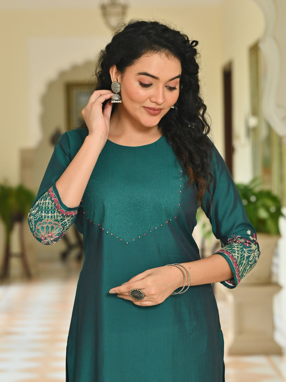 Bottle green cotton silk embroidered sequins and beads kurti