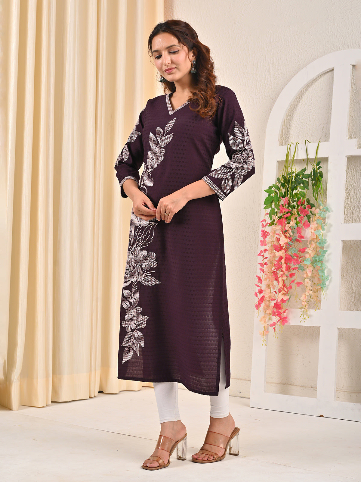 Dark purple viscose rayon embroidered sequins kurti