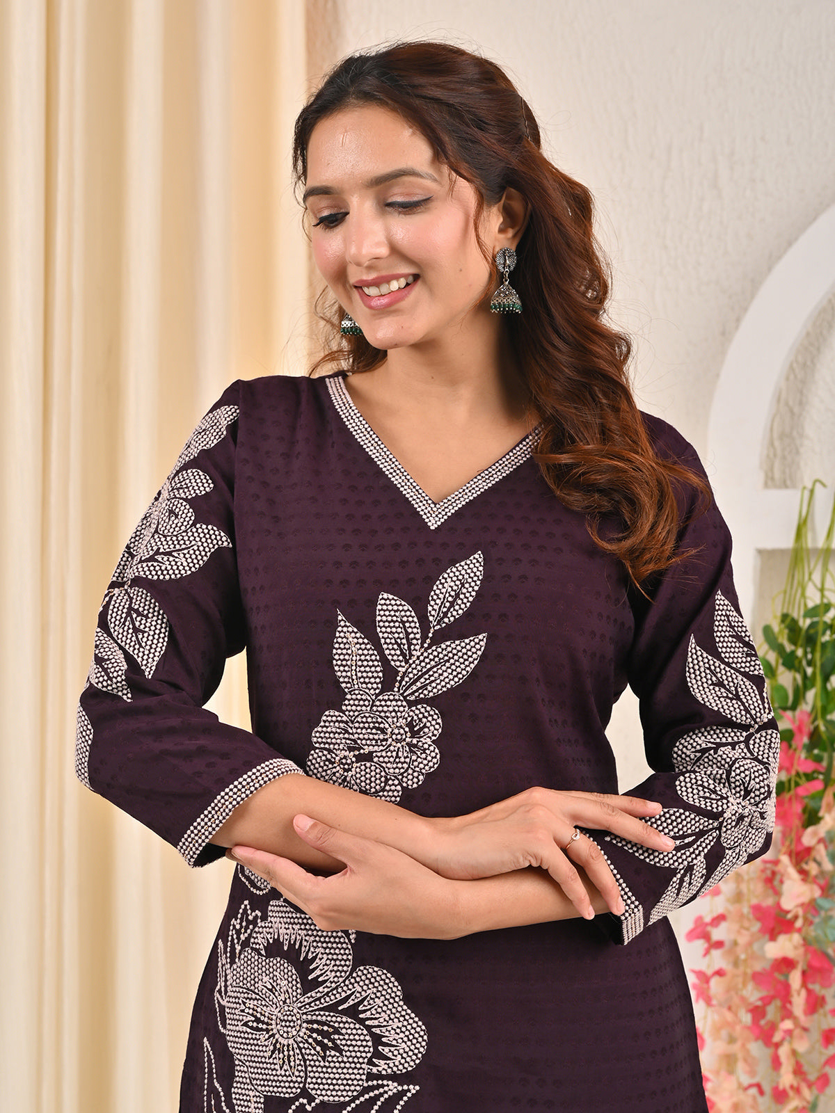 Dark purple viscose rayon embroidered sequins kurti