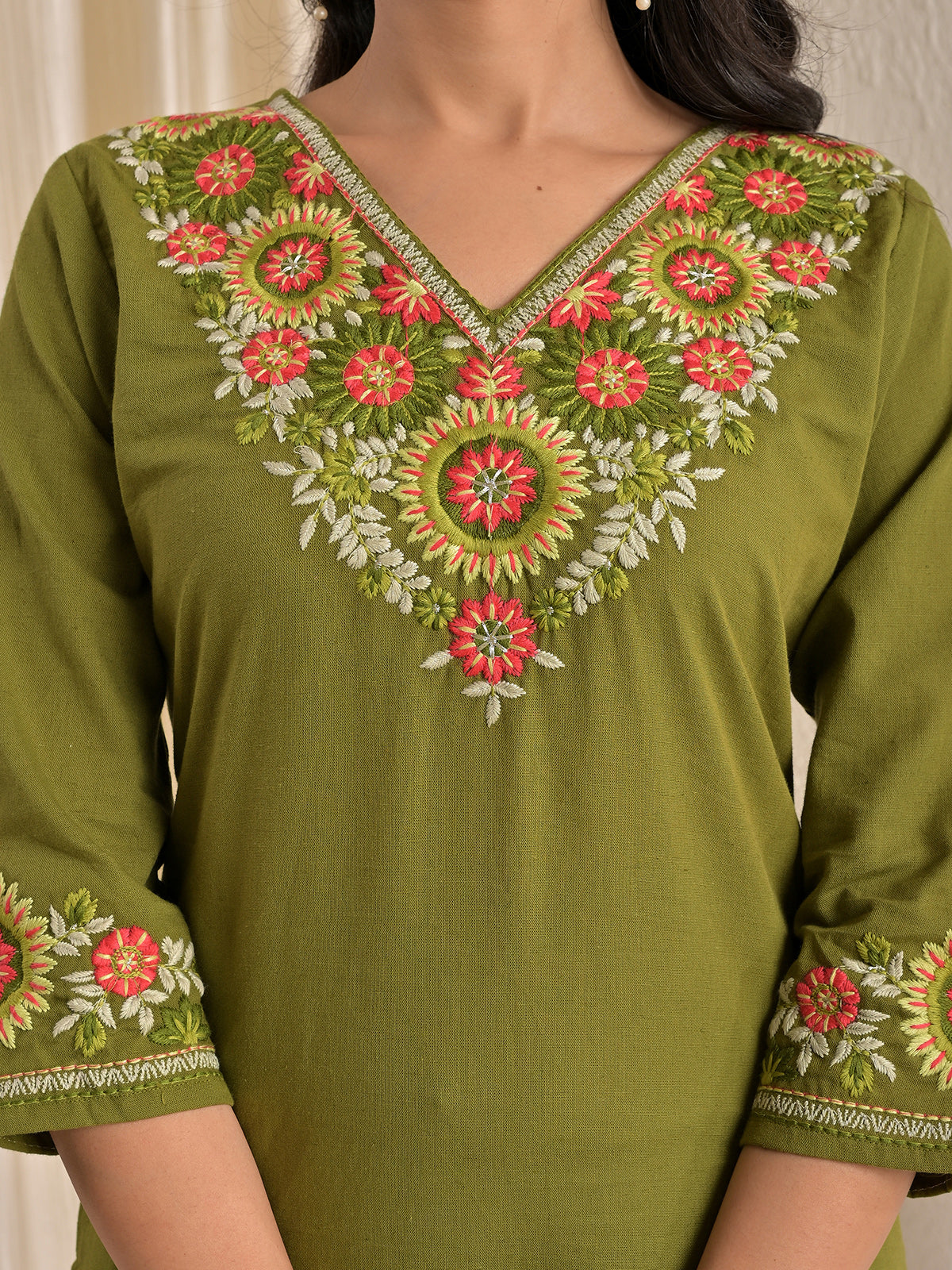 Mehndi green cotton silk embroidered kurti palazzo set
