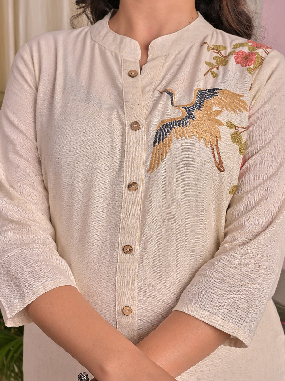 Beige cotton silk embroidered festive kurti set