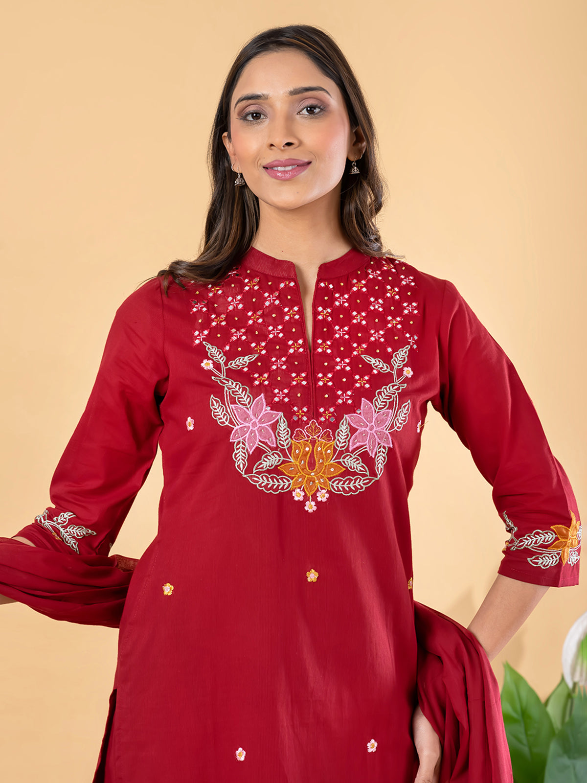 Red cotton silk embellished festive kurti set with dupatta