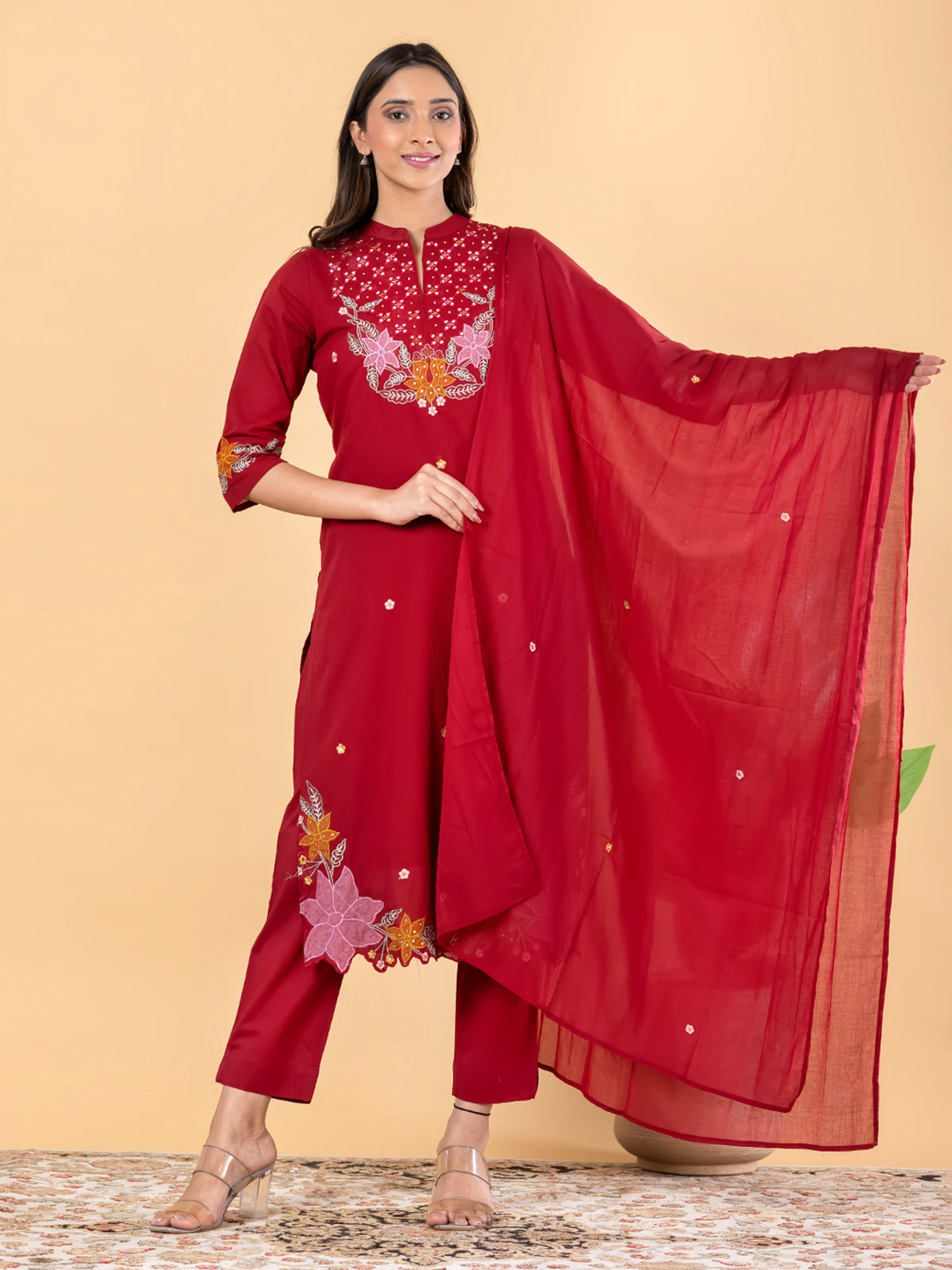 Red cotton silk embellished festive kurti set with dupatta