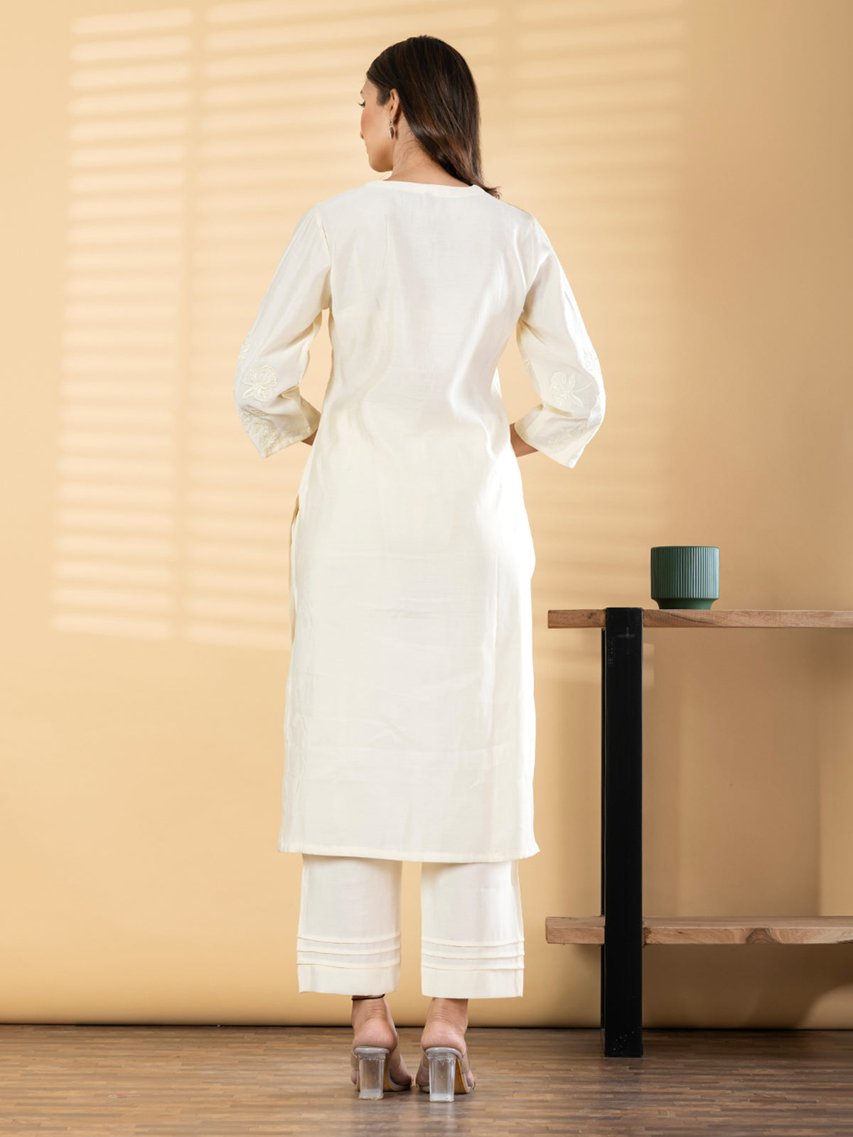 White cotton silk yoke embroidered kurti pant set