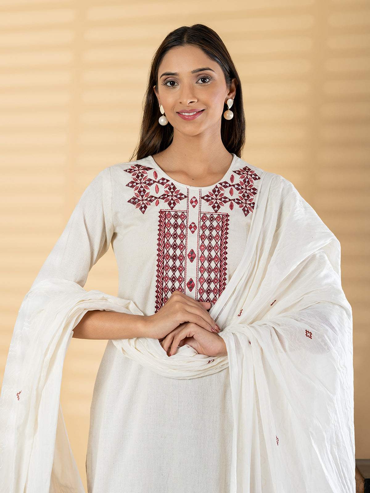 White cotton silk maroon palazzo kurti set with dupatta