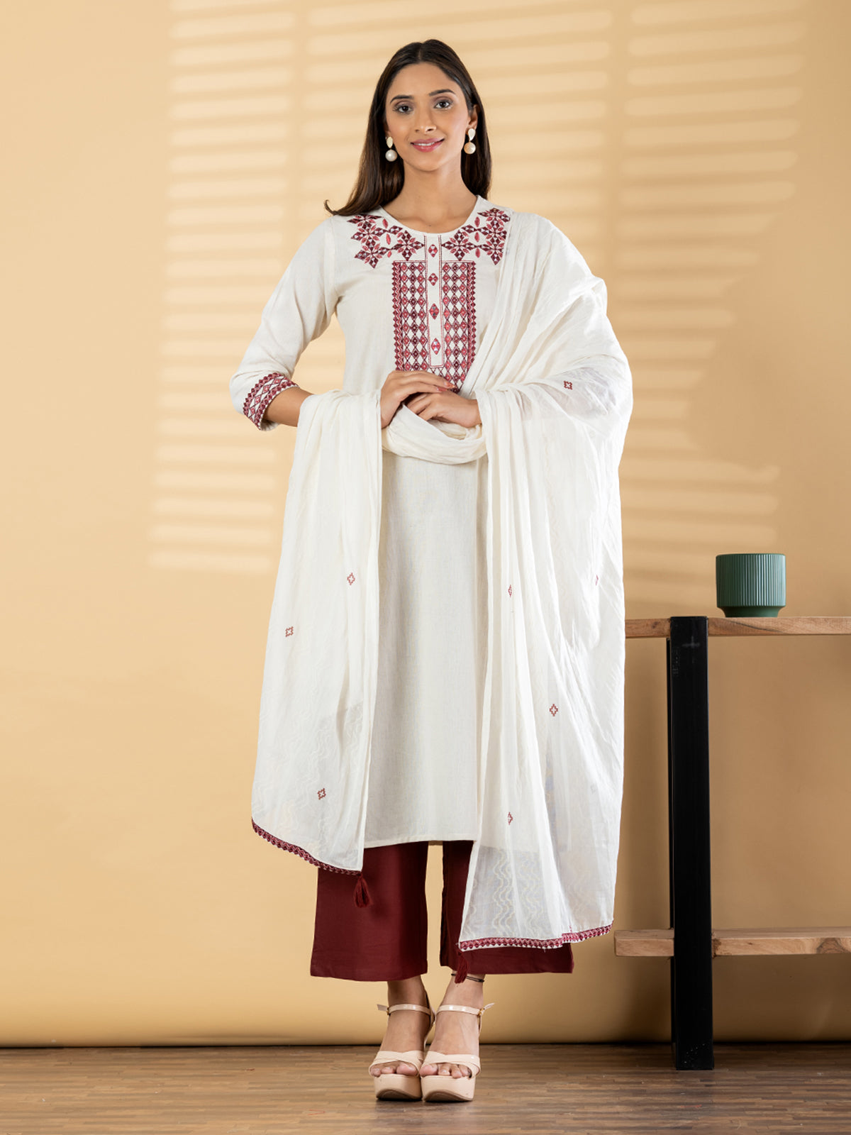 White cotton silk maroon palazzo kurti set with dupatta