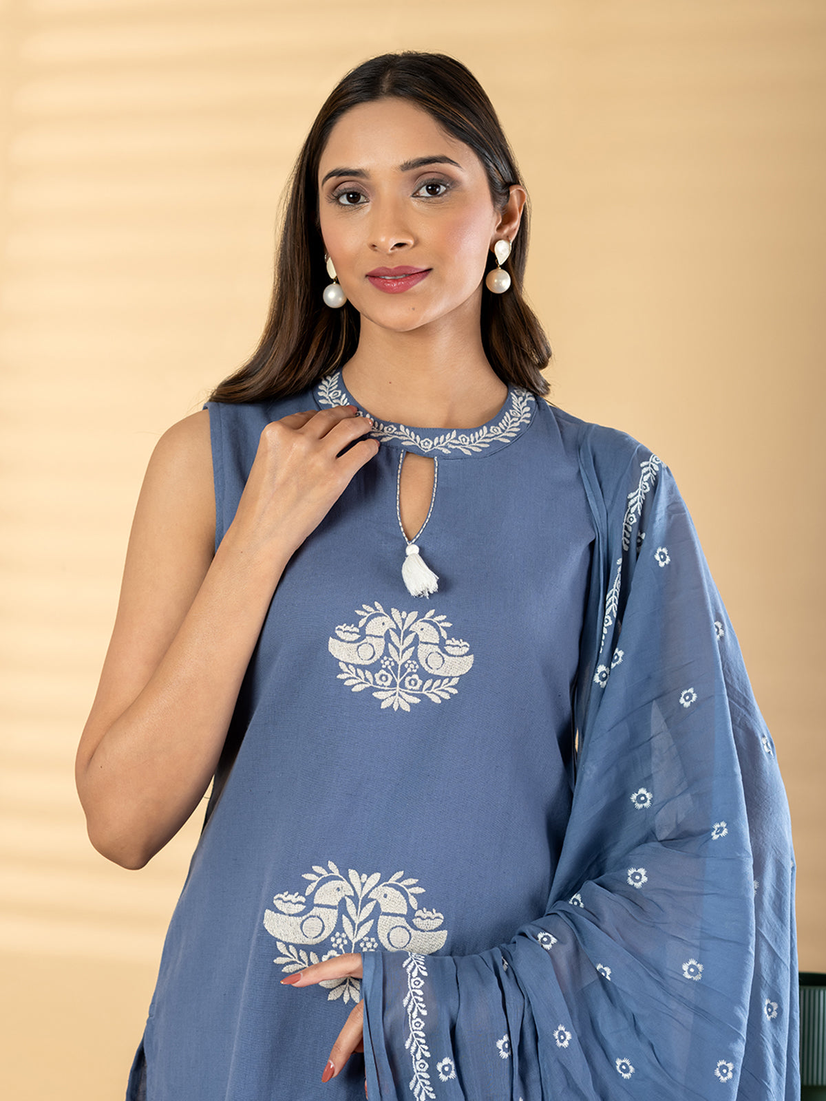 Blue cotton silk bird embroidery festive kurti set