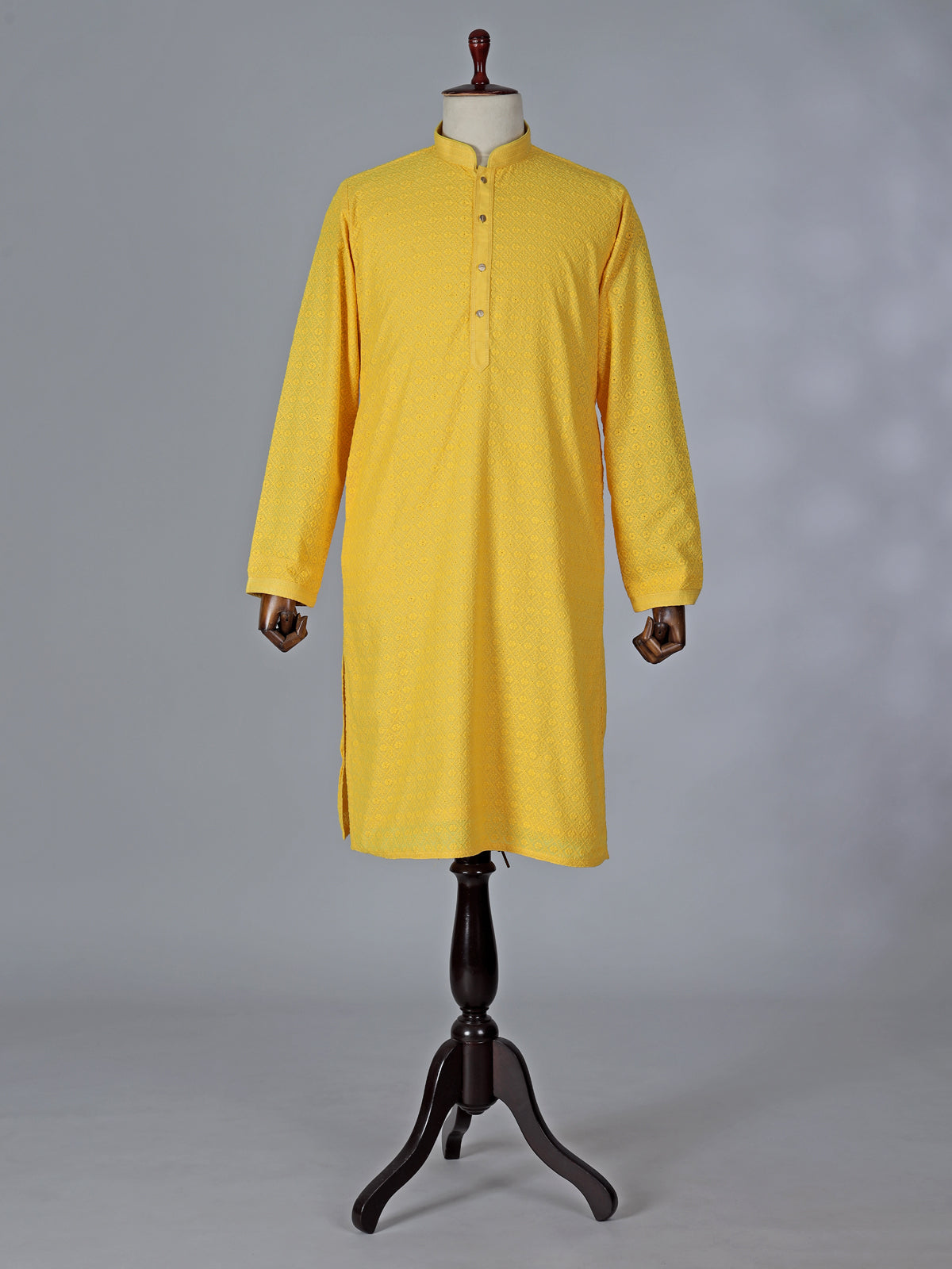 Yellow cotton kurta suit with refined thread work
