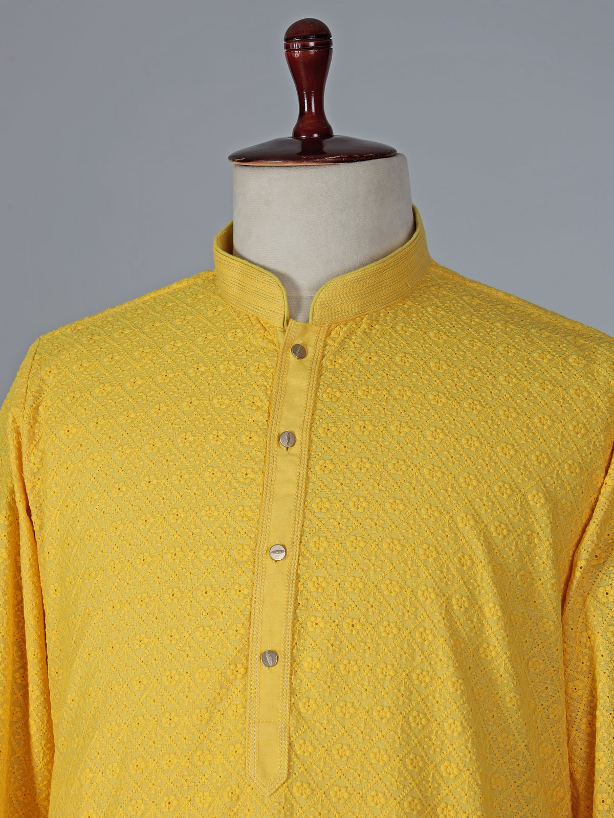 Yellow cotton kurta suit with refined thread work