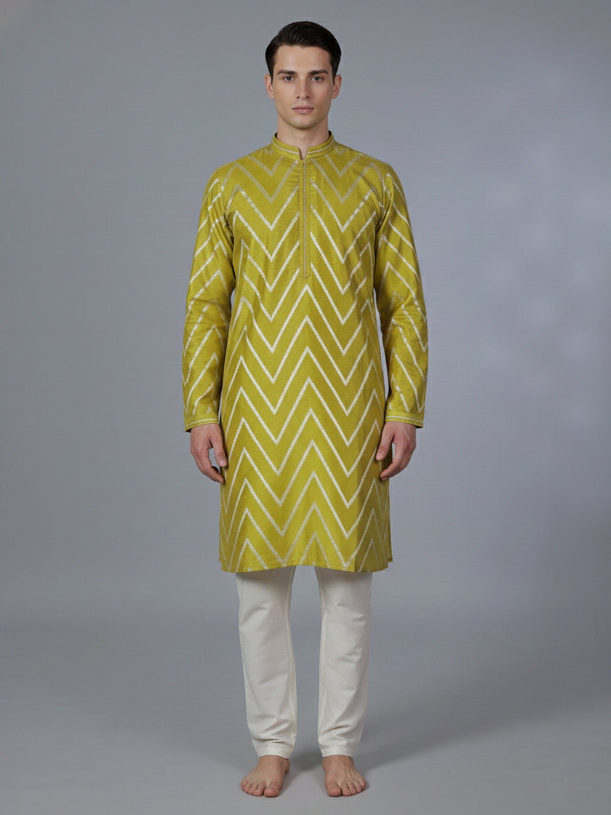 Mehendi yellow cotton silk kurta suit with zari detailing