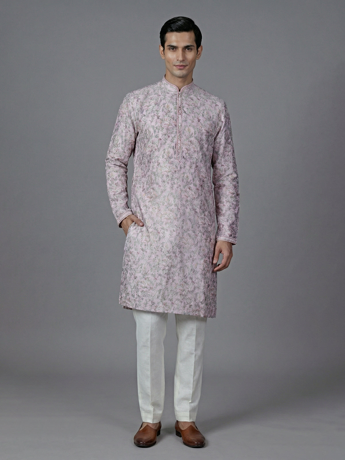 Onion pink printed cotton silk kurta suit for special occasions