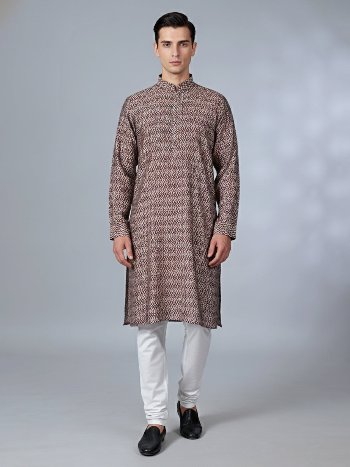 Brown printed cotton silk kurta suit with festive appeal