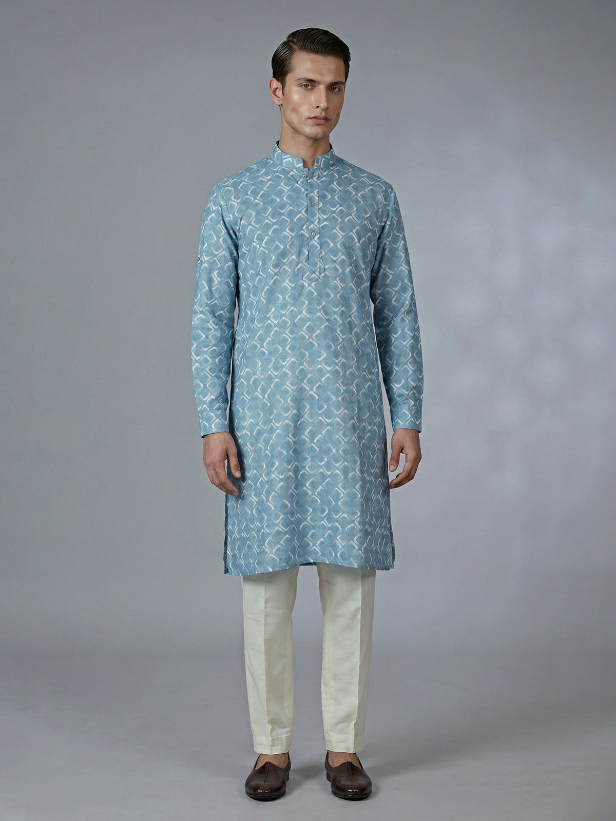 Blue printed cotton silk kurta suit with refined finish