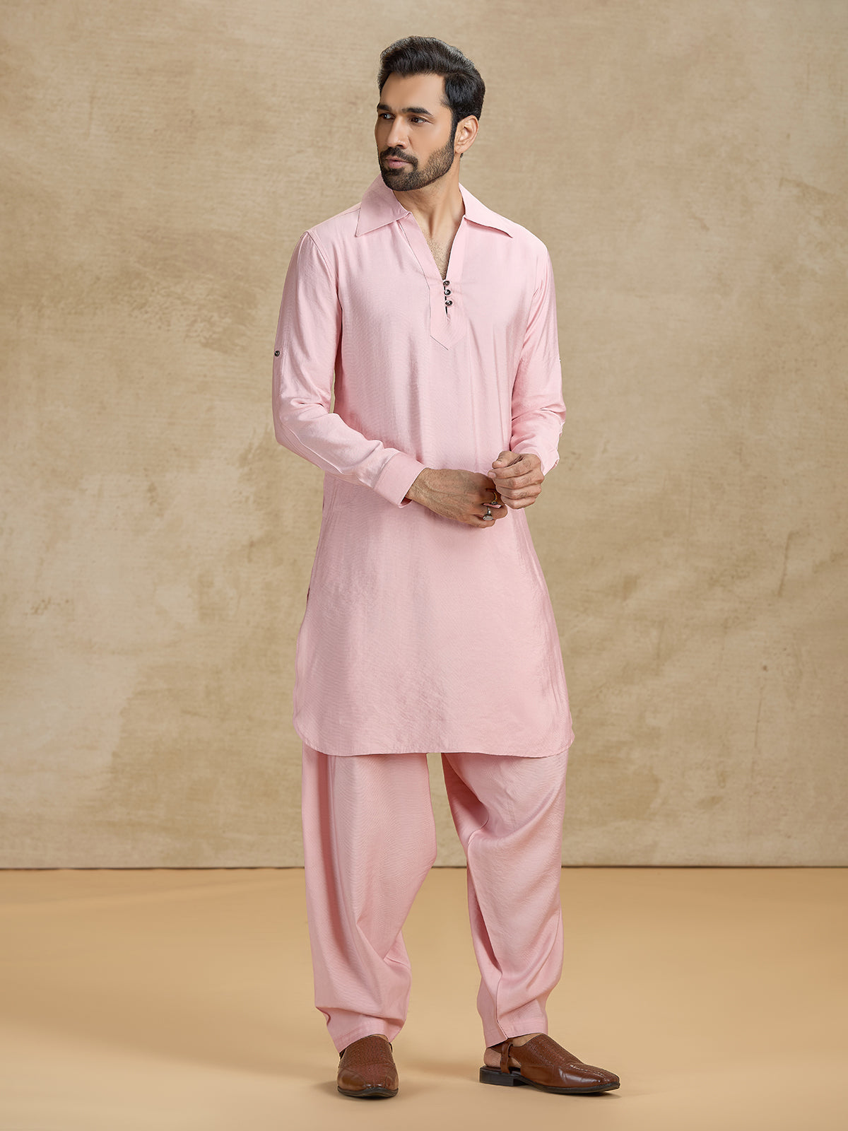 Pink cotton silk traditional pathani kurta suit