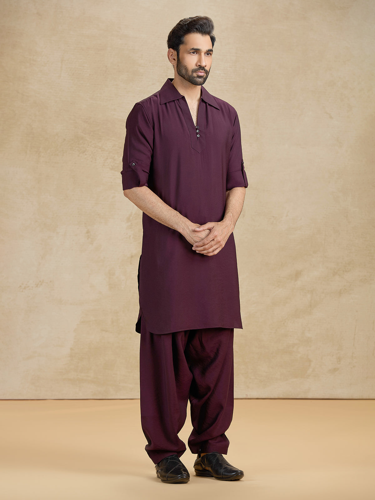 Wine cotton silk festive pathani kurta suit