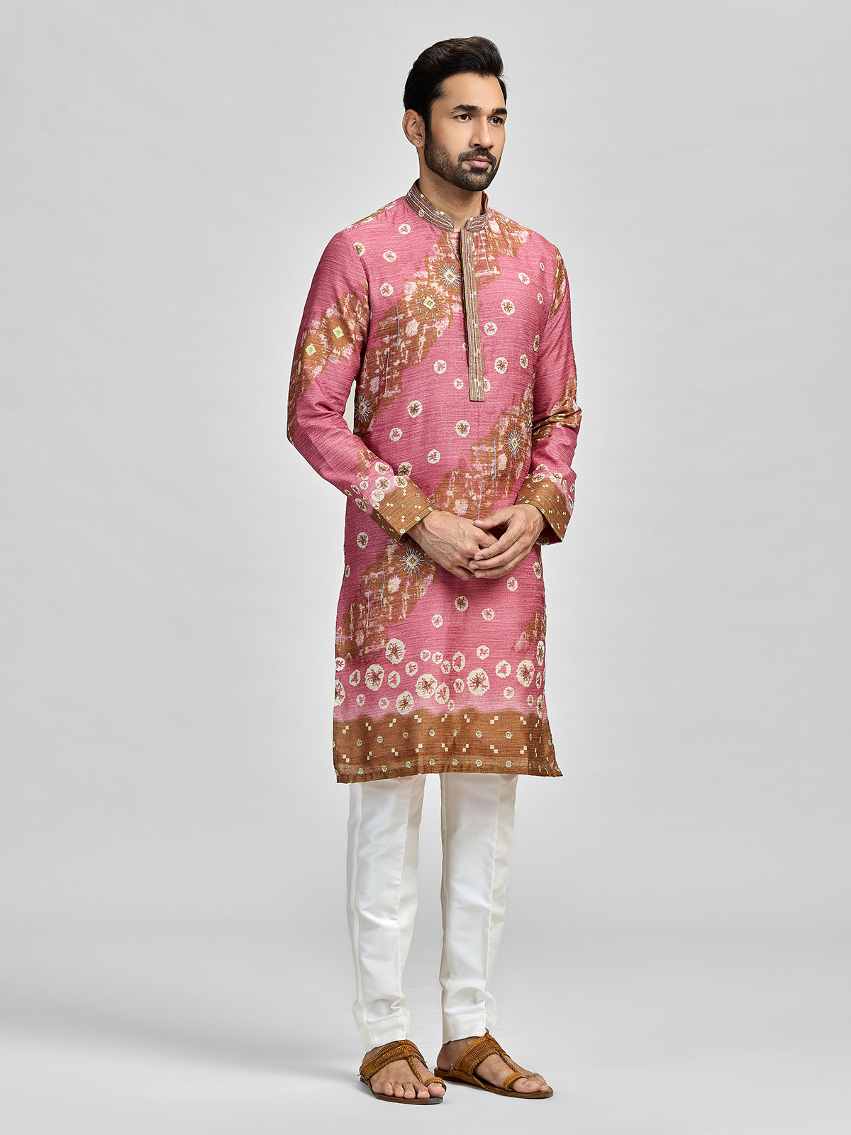 Pink brown festive designer kurta set for gentlemen