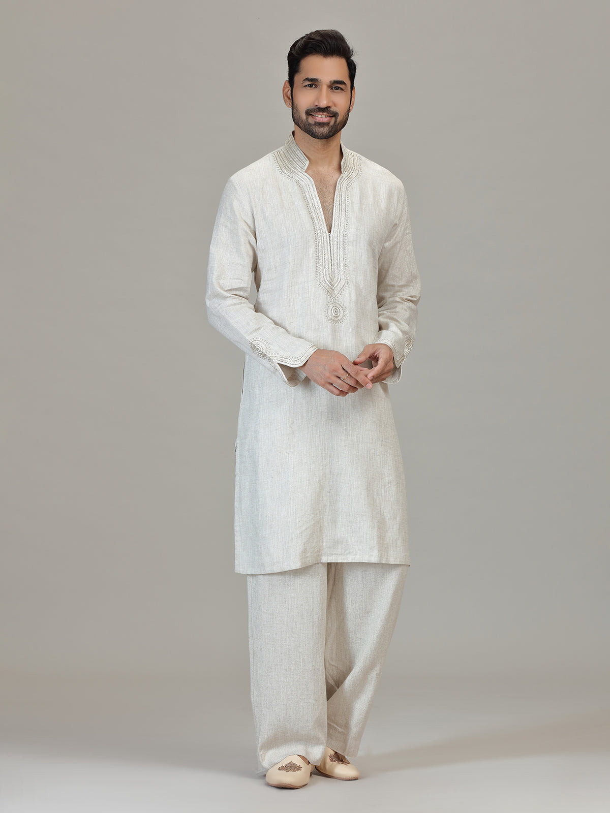 White cutdana detailed mandarin elegance outfit