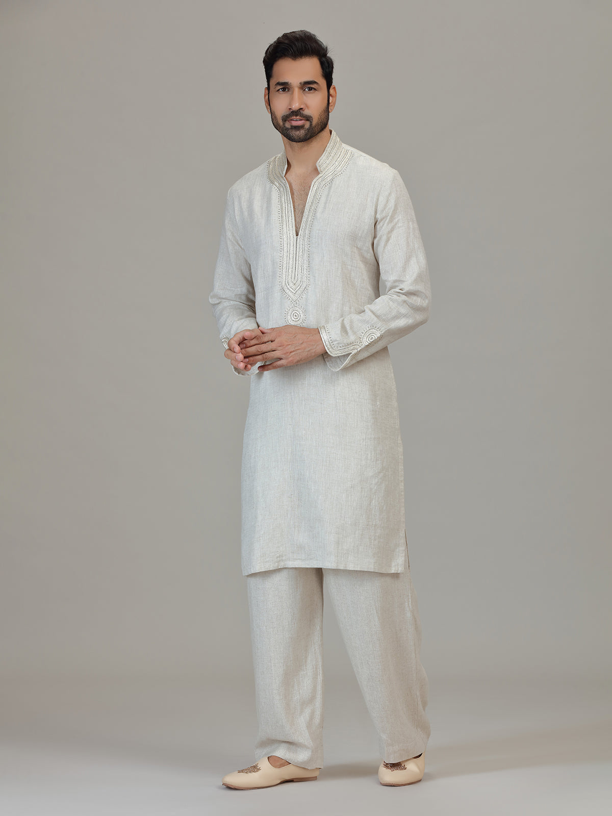 White cutdana detailed mandarin elegance outfit